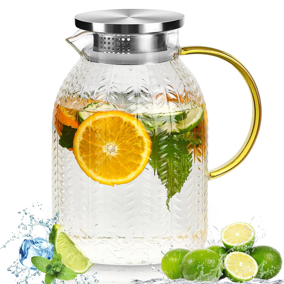 Jarras Agua Cristal 2L, Jarra de Vidrio con Tapa de Acero Inoxidable, Jarras de Cristal de Borosilicato, Botellas de Vidrio para Jugo Café, Leche, Bebidas Frías o Calientes