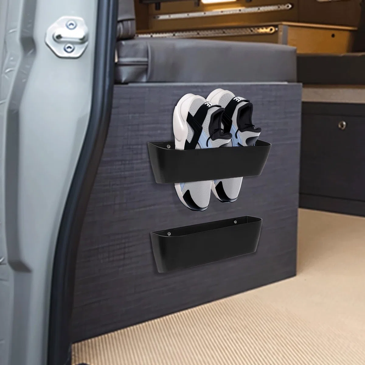 Zapatero Puerta Caravana, Zapatero Pared Zapatillas Estante Paquete Zapatero de Pared Ganchos Autoadhesivos o para Taladrar Zapatero Colgar Pequeño para Autocaravana, Camping, Baño, Salón (4 Piezas)