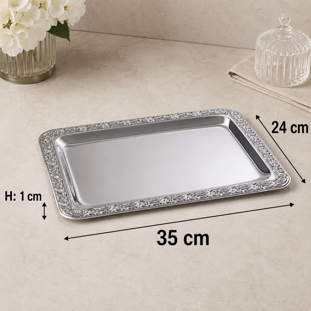 APS Bandeja de acero inoxidable con borde decorativo, 35 x 24 cm, rectangular