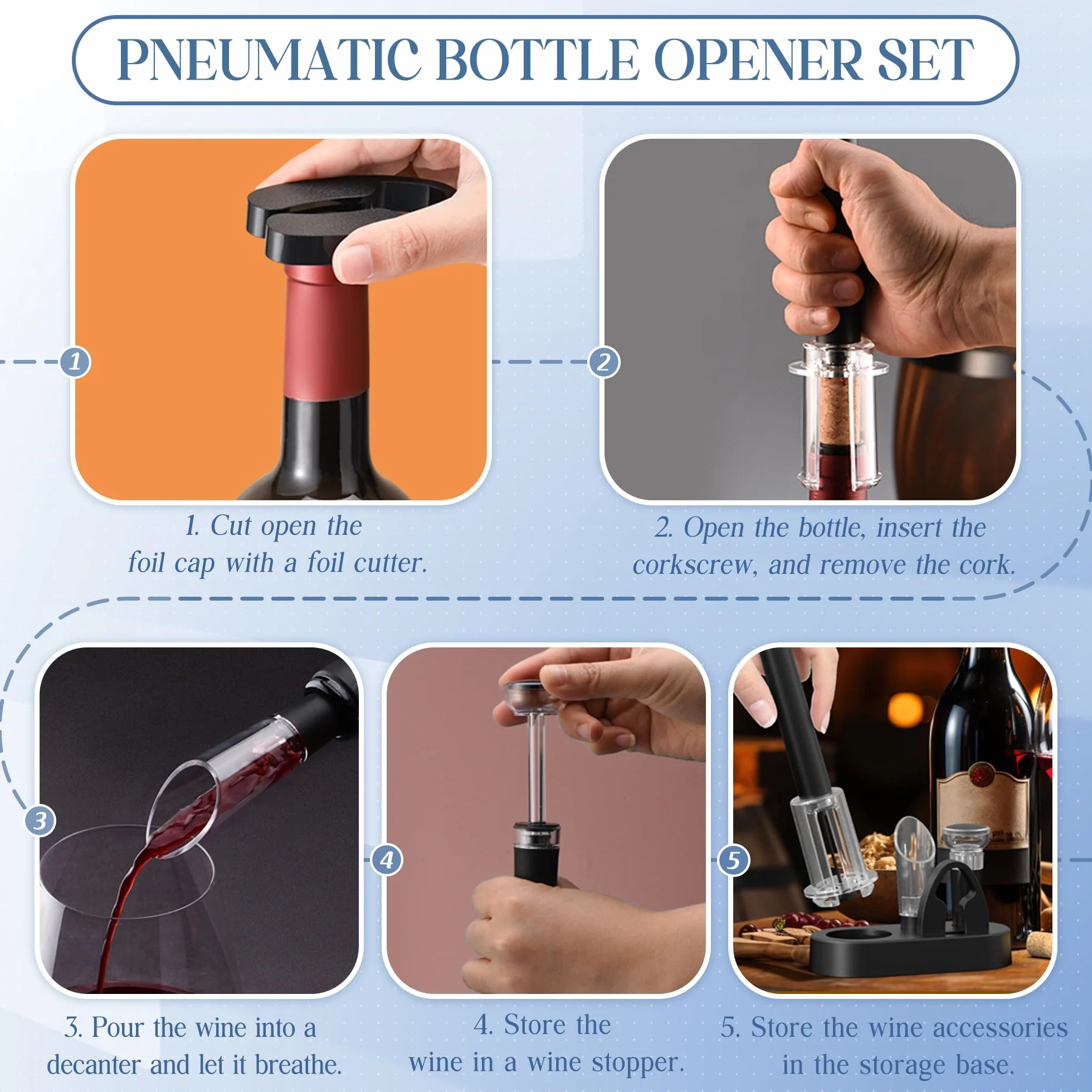 Set de Sacacorchos de Aire a Presión, Incluye Corta Cápsulas, Bomba Vacio Tapon, Vertedor y Base, Abridor de Vino Profesional Funcional, Regalo Ideal para los Amantes del Vino Navidad
