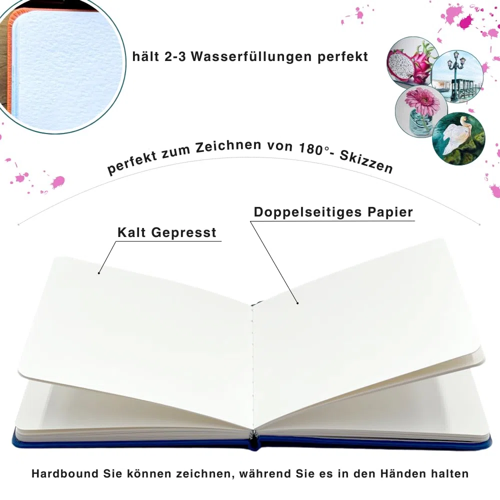 Mypaperworld Cuaderno de dibujo cuadrado de acuarela, 300 g/m², 100% algodón, 16 x 16 cm, sin ácidos, 24 hojas, 48 páginas, prensado en frío, azul oscuro