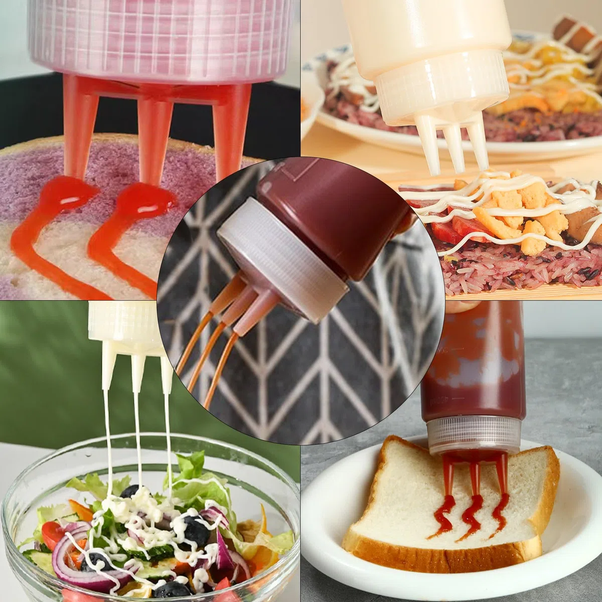 4 botellas de plástico con 3 boquillas, dispensador de salsa de 24 oz con giro en tapas de tapa, botella de plástico para salsas de ketchup, mayonesa, mostaza, jarabe de aceite de oliva