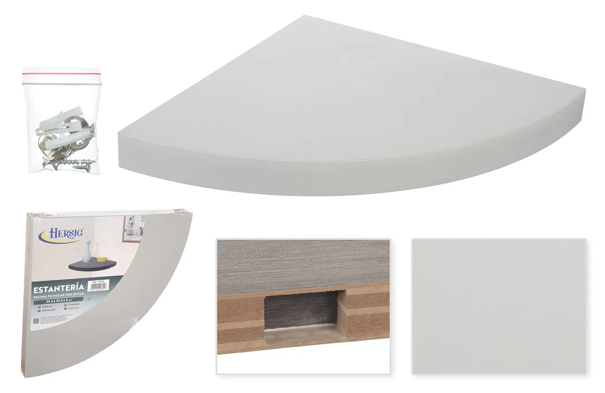HERSIG - Estante Esquinero Curvo Flotante de Pared Gris Claro Baldas para Baño o Dormitorio Fijación Oculta y Resistente de hasta 10 kg - 29,5x29,5 cm