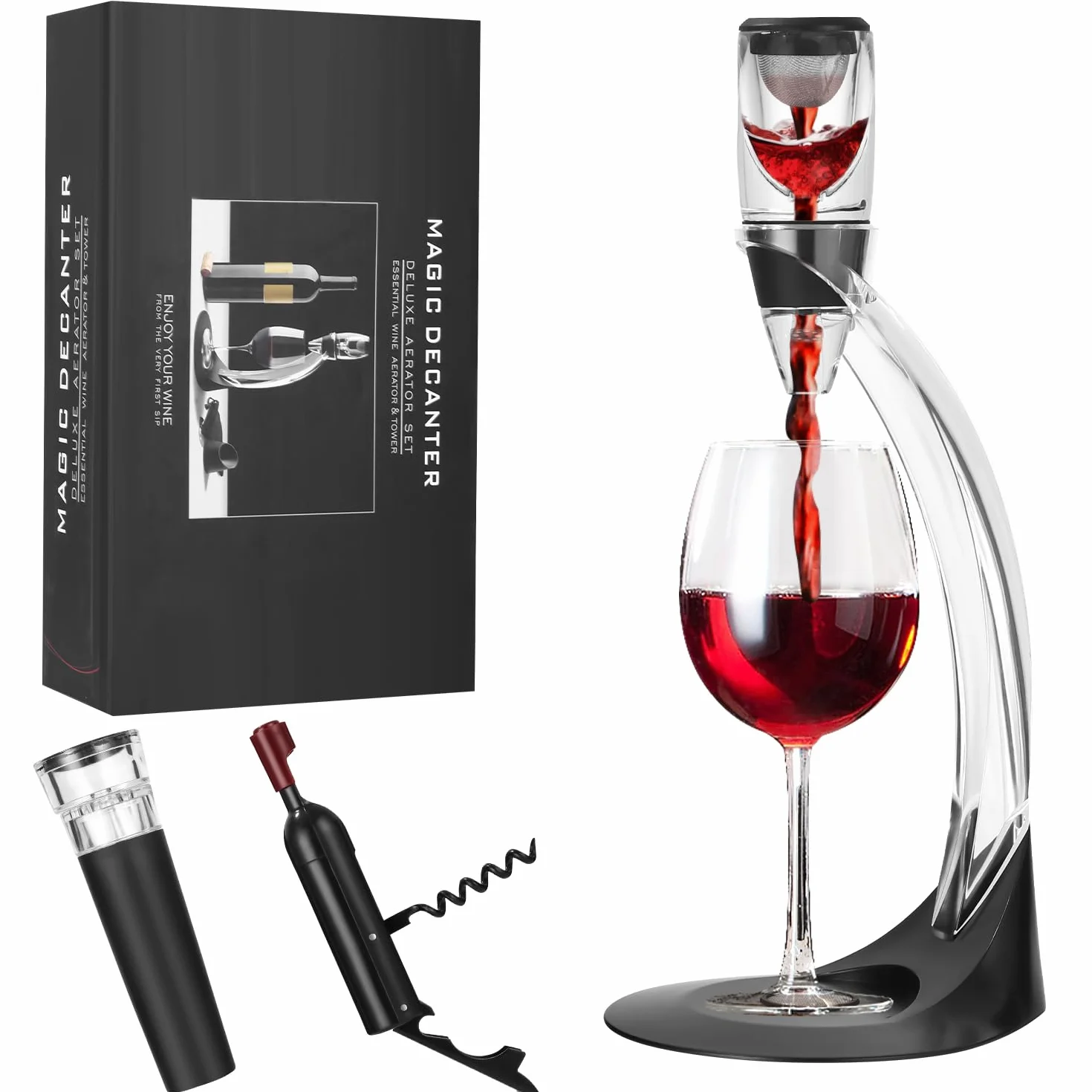 Set de Lujo Decantador de Vino Aireador con Tapón al Vacío y Sacacorchos Elegante