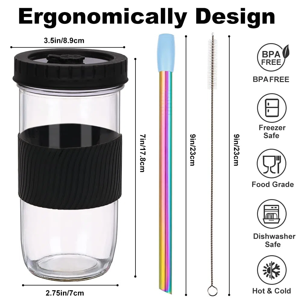 Vaso de té de Burbujas con Pajita y Tapa, 730ML Bubble Tea Cup con Boca Ancha, Reutilizables Taza de té Boba, Vaso de Vidrio Mason Jars Boba Tea, Batidos, Vasos de Cóctel, sin BPA