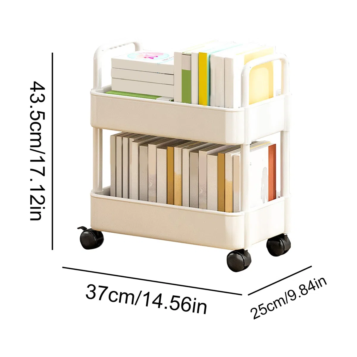 37x25x43,5cm Carro De Estantería Móvil Con 4 Ganchos - Carrito Libros Móvil, Estantería Organizadora Móvil Para Niños, Estantería Móvil Para Libros Con Ruedas, 2 Niveles Estante Almacenamiento Móvil
