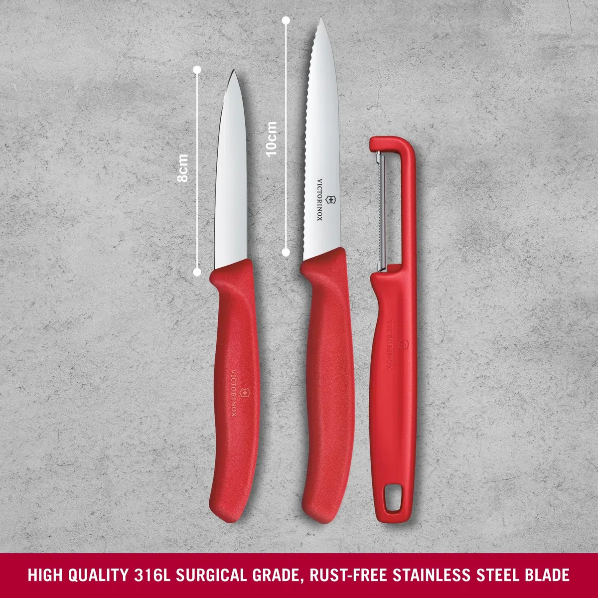 Victorinox Swiss Classic Juego de navajas con pelador, cuchillo para pelar y cuchillo para tomates, 3 piezas, hoja extra afilada, Rojo