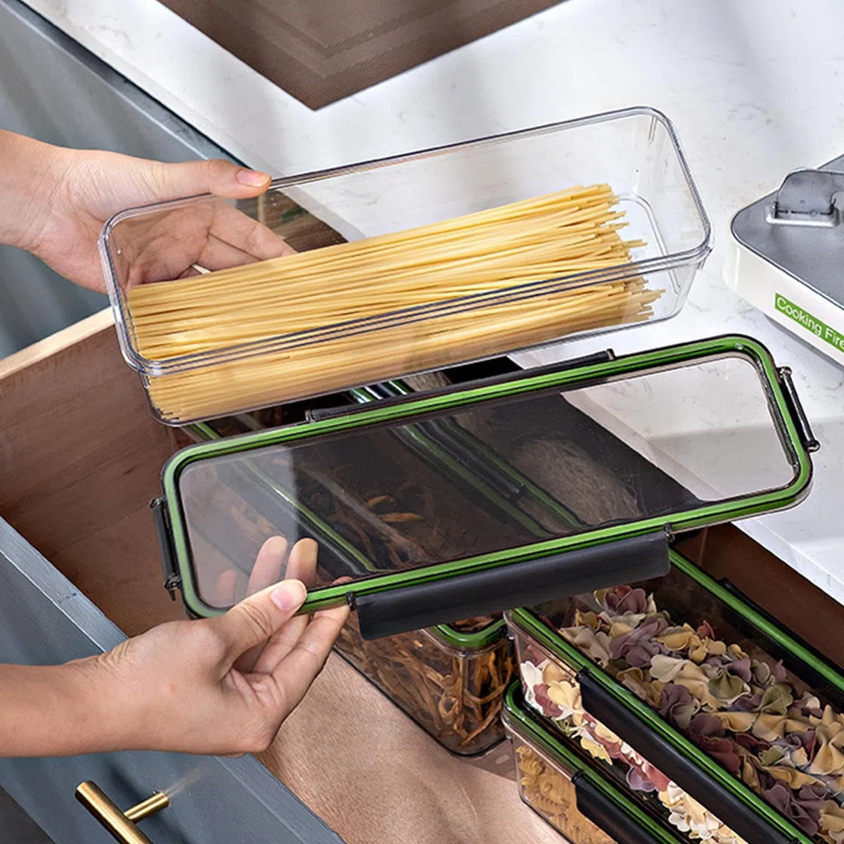 Contenedor de pasta, caja hermética de almacenamiento de alimentos con gran capacidad de 1,5 L, contenedor de espaguetis, recipiente de almacenamiento multiusos para fideos, contenedor de