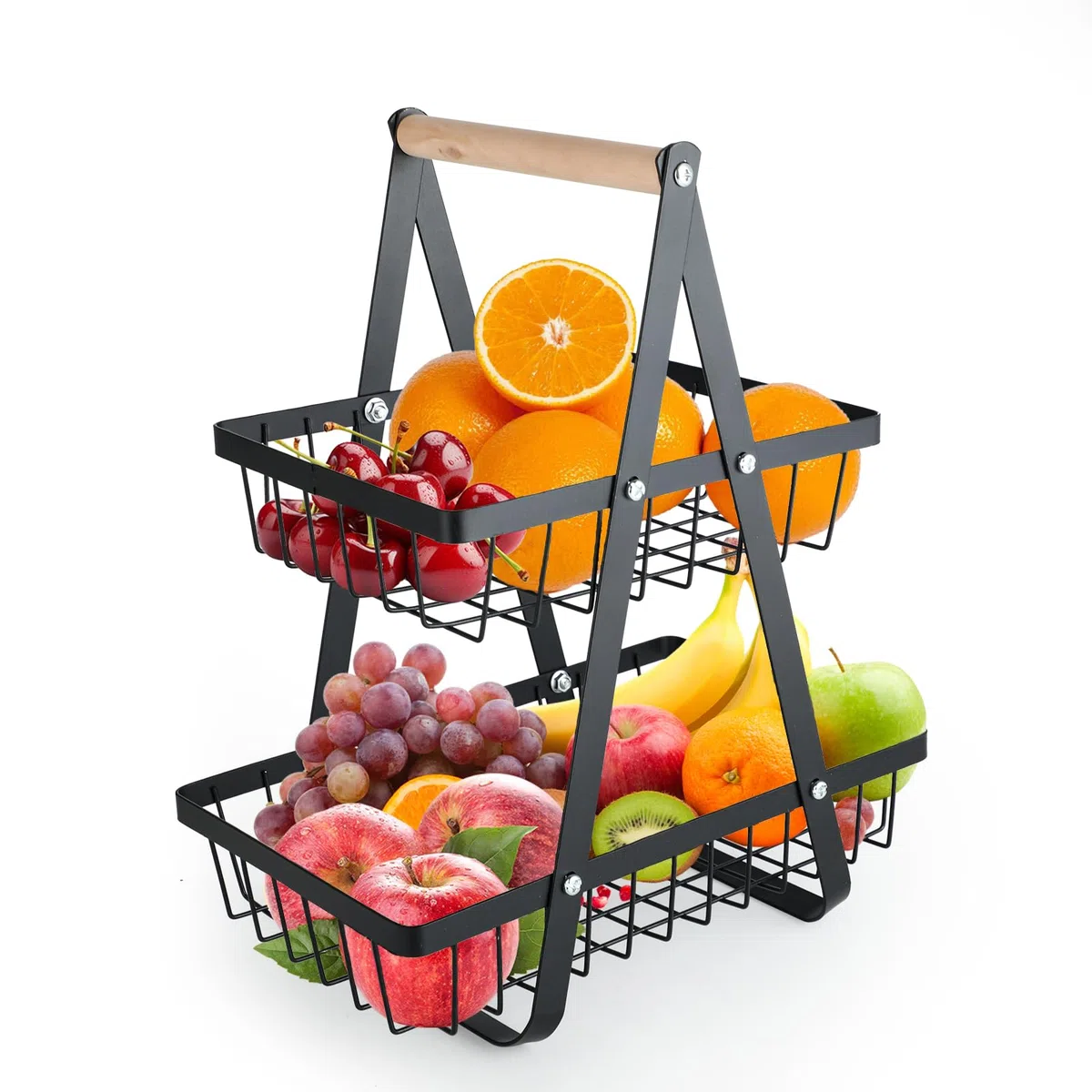 Frutero con 2 niveles,Cesta de Cocina para Frutas y Verduras,estantería esquinera, almacenamiento de pie,para pan, verduras, aperitivos,Negro