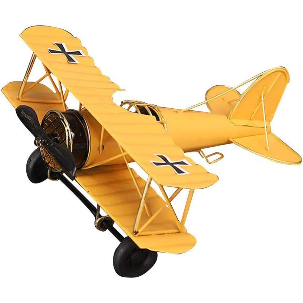 Modelo de avión vintage, biplano, colección de adornos de oficina - amarillo (21,5 x 17,7 x 9 cm)