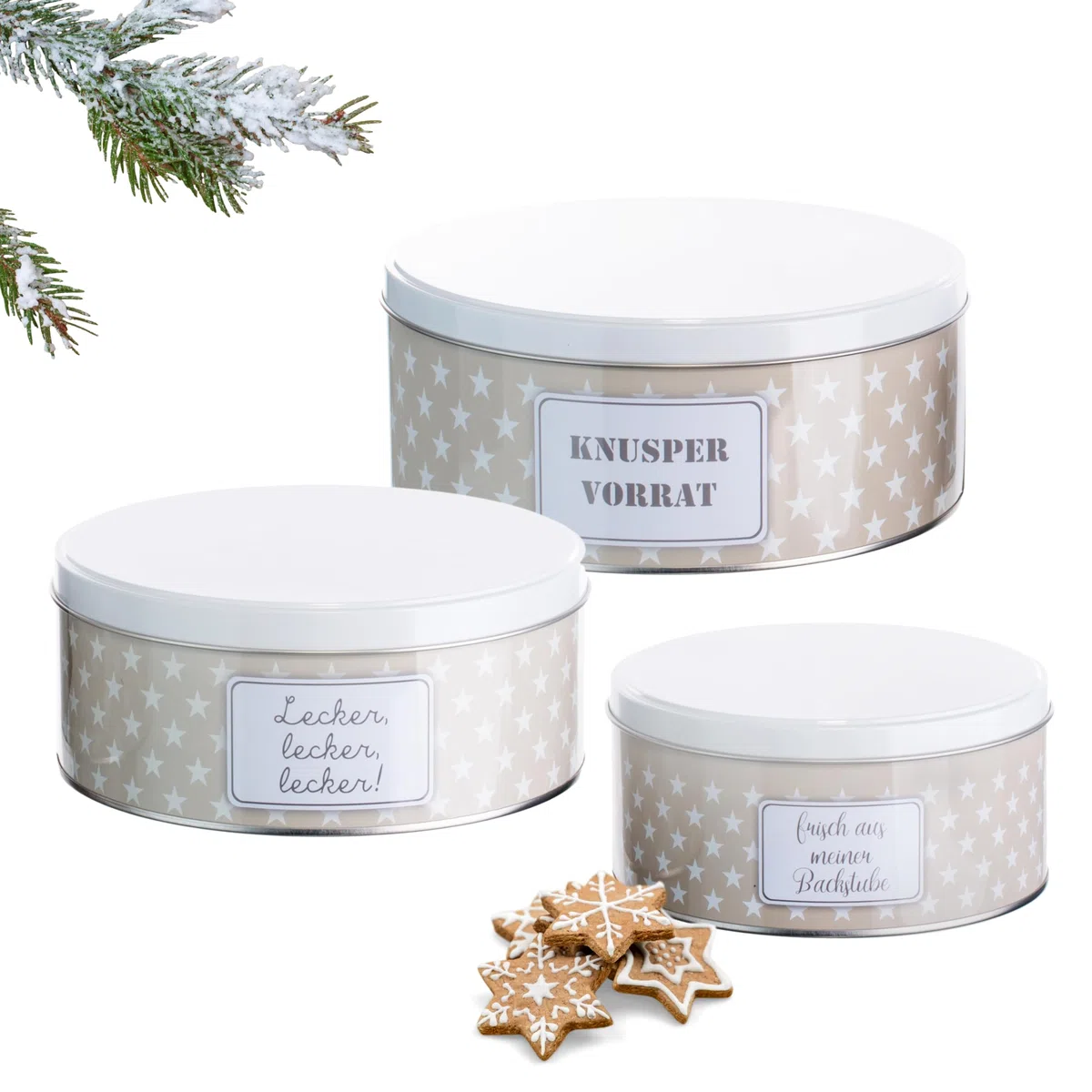 Brandsseller Juego de 3 latas para galletas de metal – redondas, apilables y con tapa – aptas para alimentos, ideales para guardar dulces, galletas y pastas navideñas – diseño estrellas gris