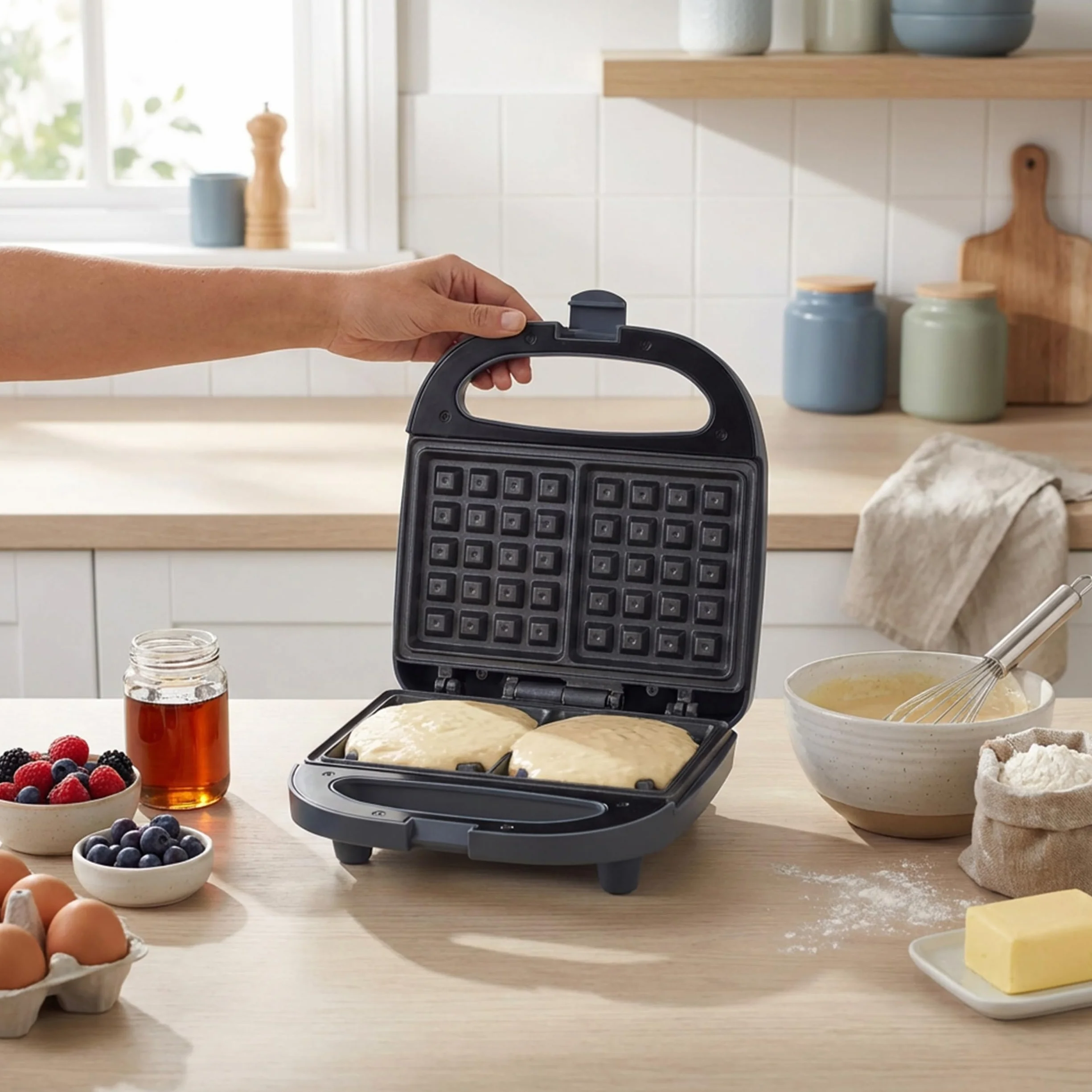 Progress Mellow Waffle Maker - 2 rebanadas, control automático de temperatura, luces indicadoras de encendido/listo, placas de cocción antiadherentes, asas de transporte frías al tacto, 750 W
