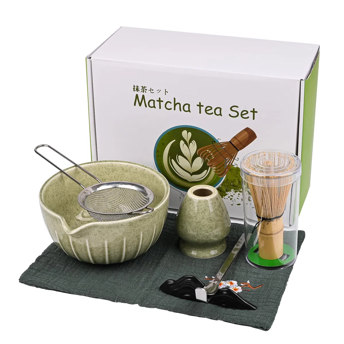 7 Piezas Matcha Kit, Matcha Set con Batidor de Bambú, Cuchara de Filtro, Colador, Cuchara de Matcha Soporte para Licuadora y Alfombrilla de Escritorio, Regalo para Amantes del té, Verde