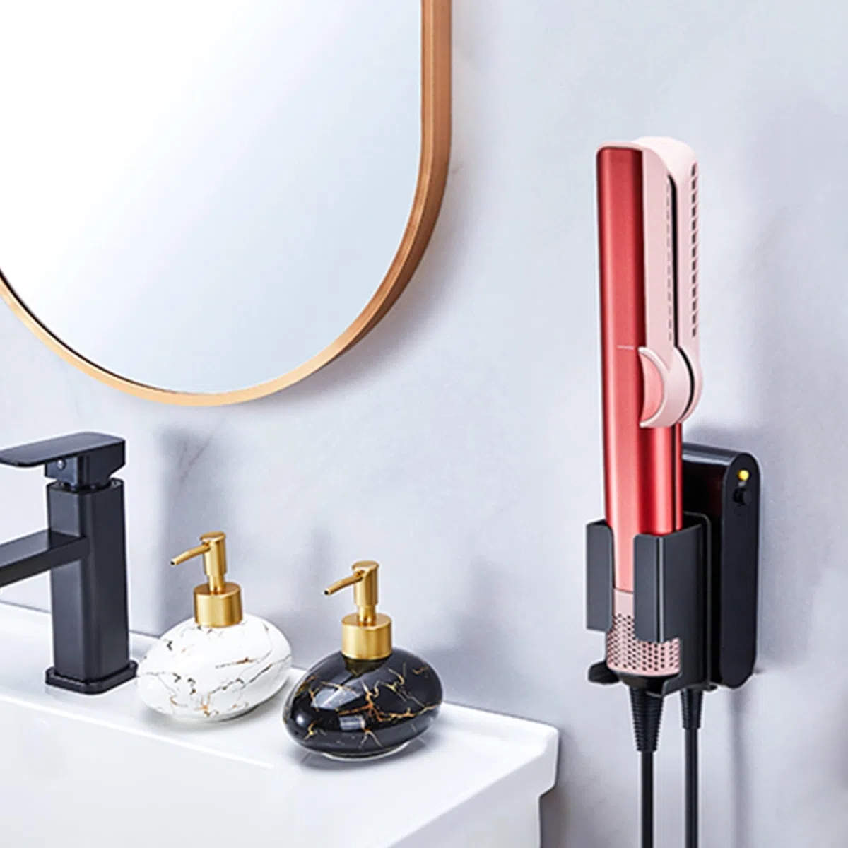 Soporte Mural para Plancha de Pelo, Soporte para secador de Pelo y Plancha, Organizador Adhesivo para Herramientas de Peinado, soport para secador para baño (Negro)