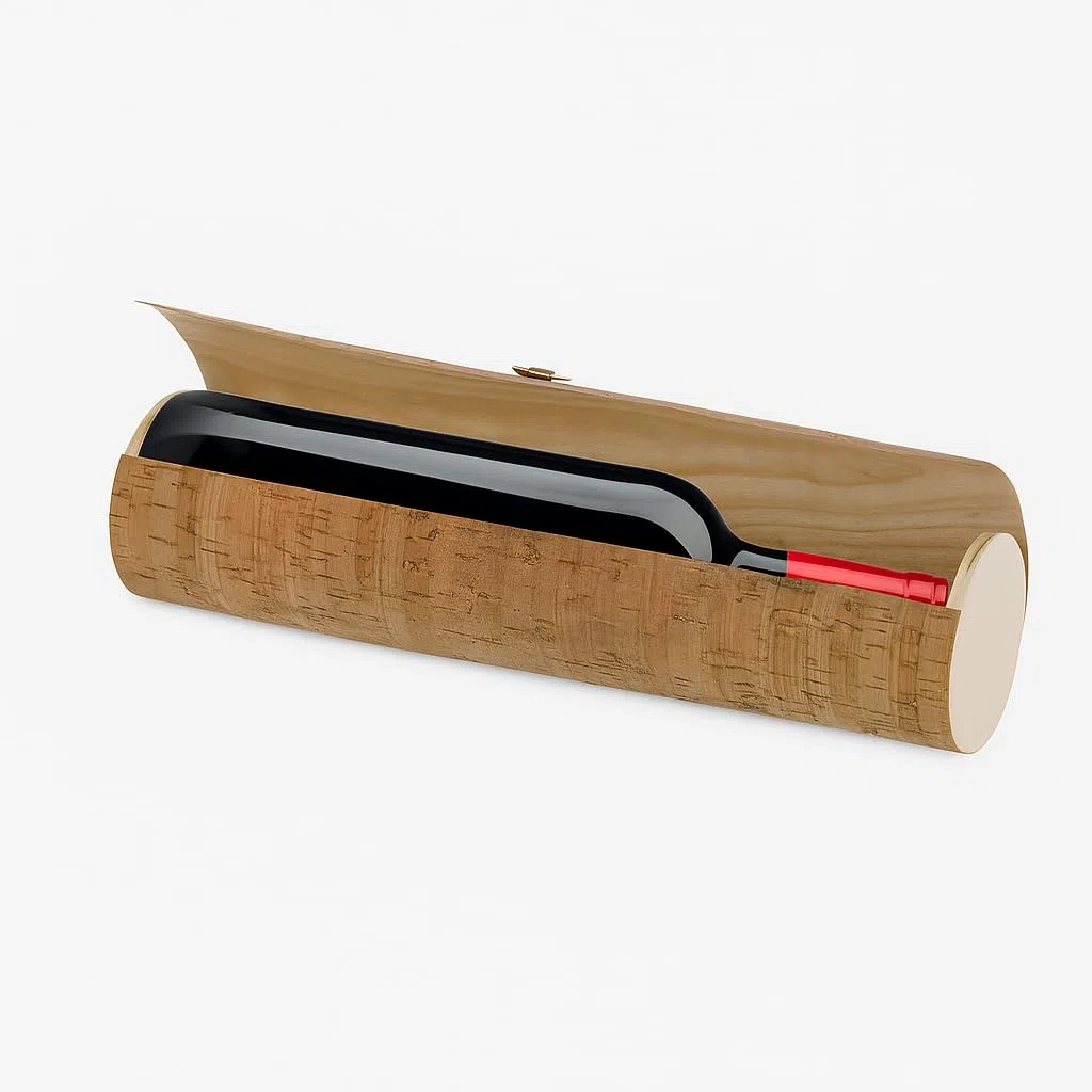 Estuche Botella Vino Corcho Natural 34x8 cm | Interior de Madera, Tubo Protector Reutilizable, Con Correa, Porta Botella Elegante, Para Regalo y Transporte Seguro
