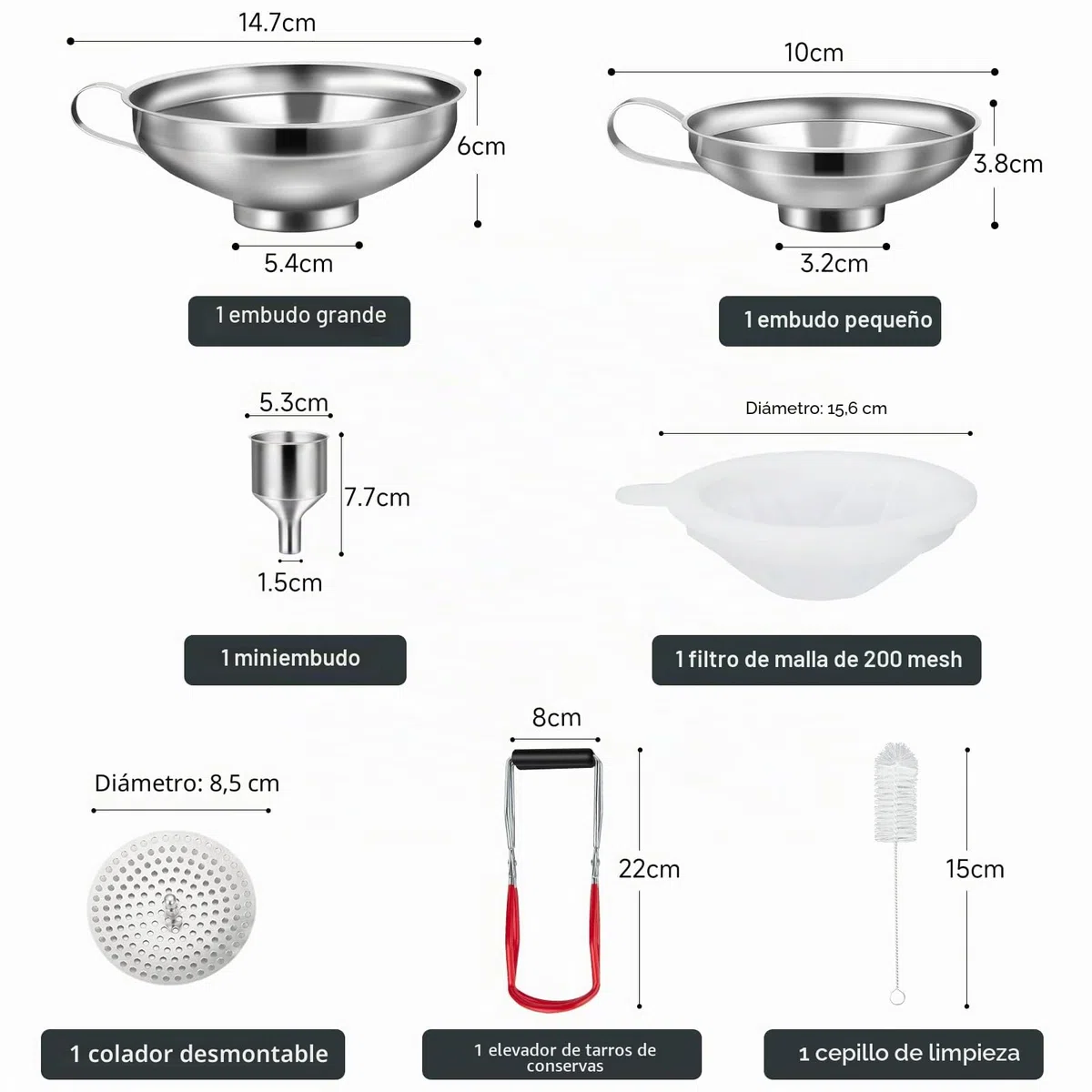 HAUSPROFI Set de embudo de acero inoxidable de 7 piezas con tarros de envasado, elevador y filtro - 3 tamaños de set de embudo de cocina para mermelada, envasado, aceite, especias - Apto para