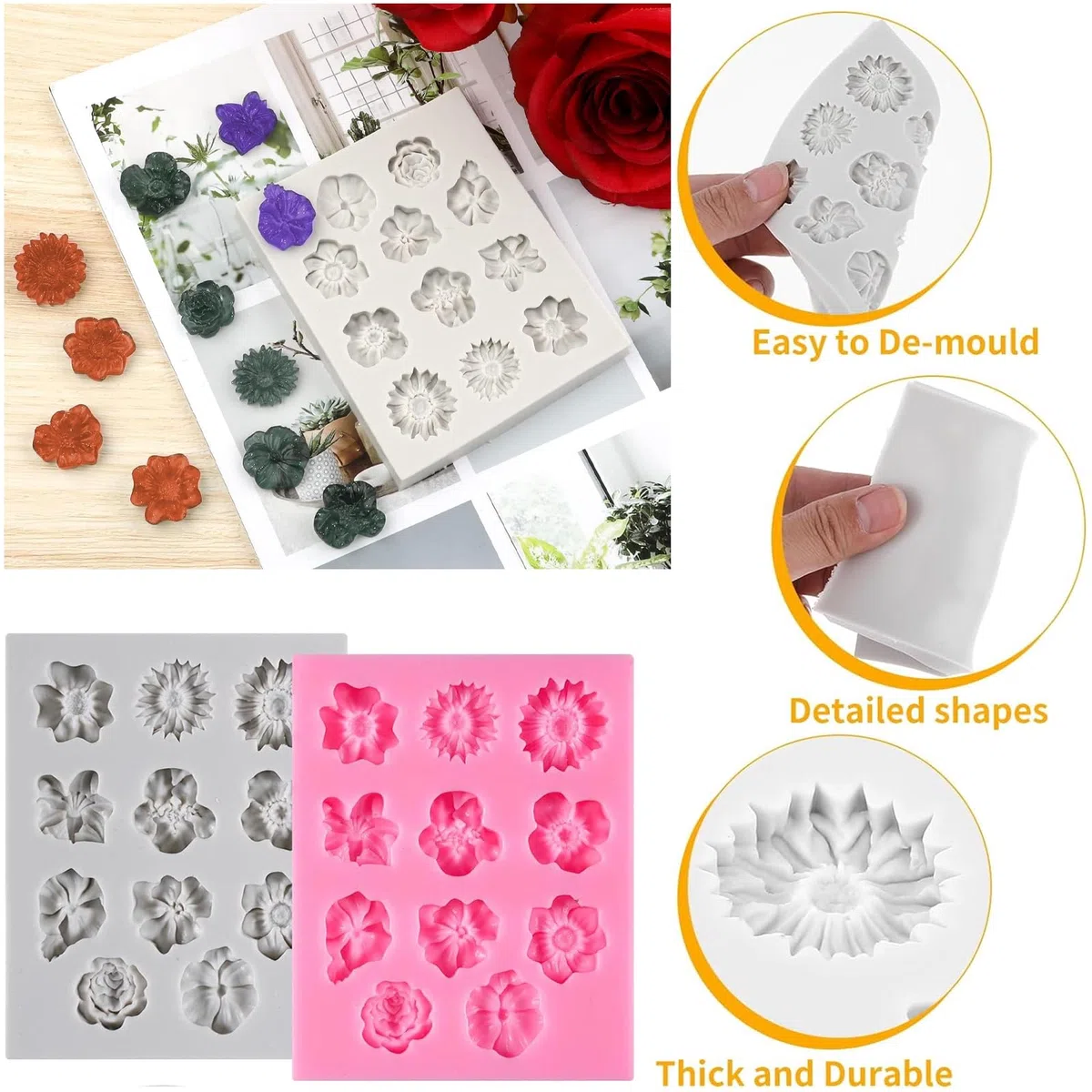 2 Piezas Moldes de Silicona de Flores 3D, 11 Cavidades Variadas, Moldes de Arcilla Polimérica, para Fondant y Resina Epoxi, Ideal para Decoración, Chocolate, Velas y Horneado (Gris, Rosa)