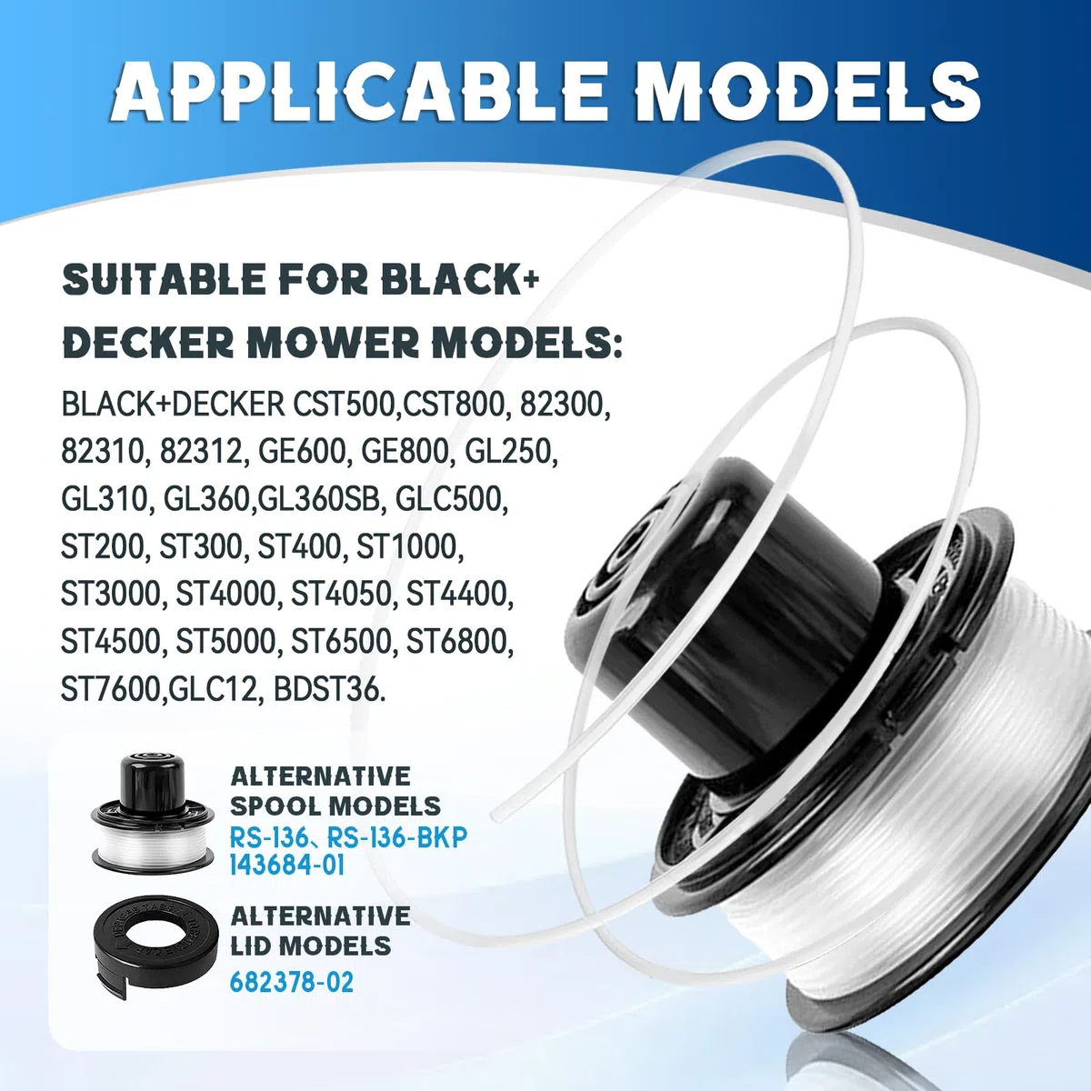 4 Bobina de hilo de repuesto compatible con A6226-XJ A6226 RS-136-BKP RS-136, para Black+Decker GL250,GL310,GL360,GL360SB,CST500,CST800,Ø1,65mm 6,1m(4 Bobina+1 Tapa+1 Primavera)