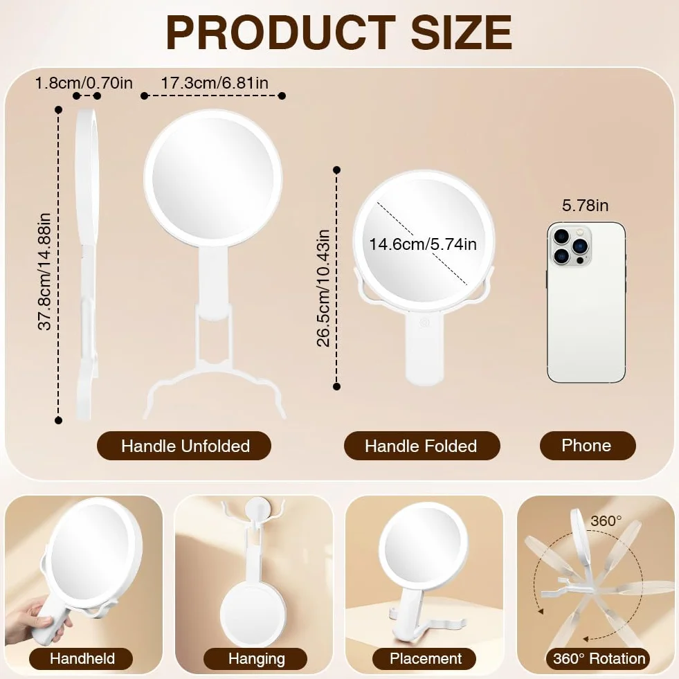 AUAUY Espejo Maquillaje con Luz, Aumento 30X/1X, Espejo Espelho Maquilhagem Portátil, 3 Modos de y Brillo Ajustable, Colgar Pared de Mesa Mano Portátil, para Dormitorio, Tocador, Viajes - Blanco