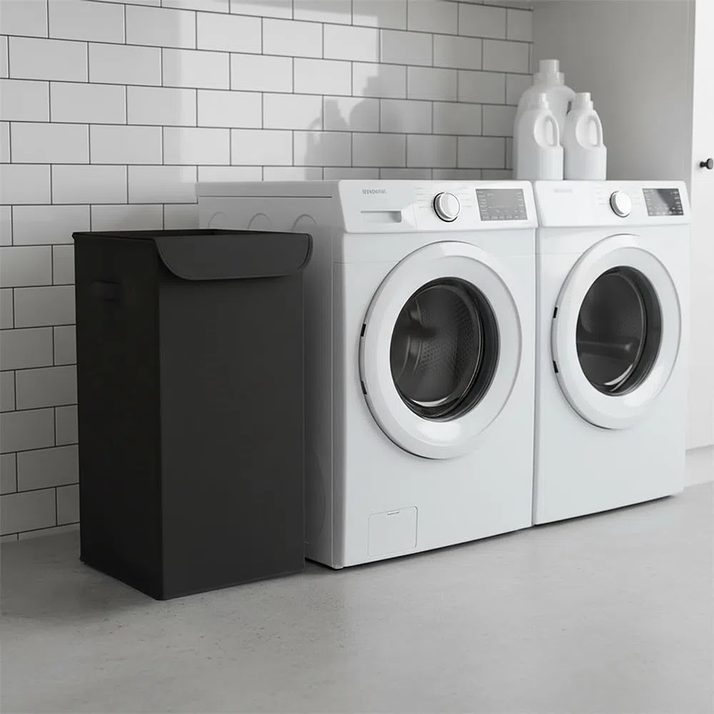 Box and beyond - Cesta de lavandería (30 x 30 x 60 cm, tela negra, tapa – asas – almacenamiento, ropa, ropa, baño, dormitorio, lavandería, estilo sencillo y práctico