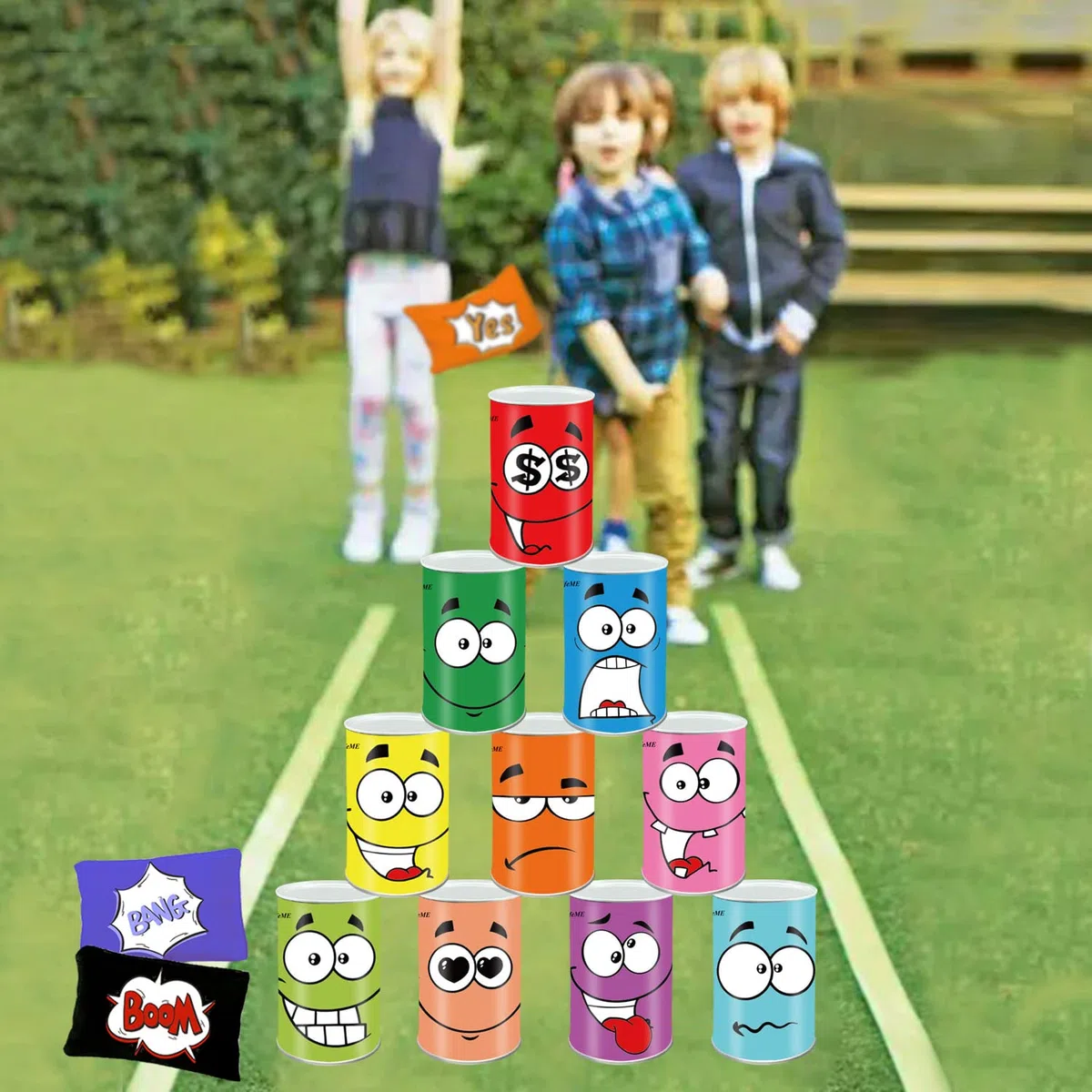 Juegos Exterior Niños Jardin, Juego de Lanzamiento, Juego Tirar Latas Punteria, 10pcs Sonreír Metal Tirar Latas + 3pcs Bolsas de Frijol + 3pcs Medalla, Callejón de Lata Juguetes para Fiesta