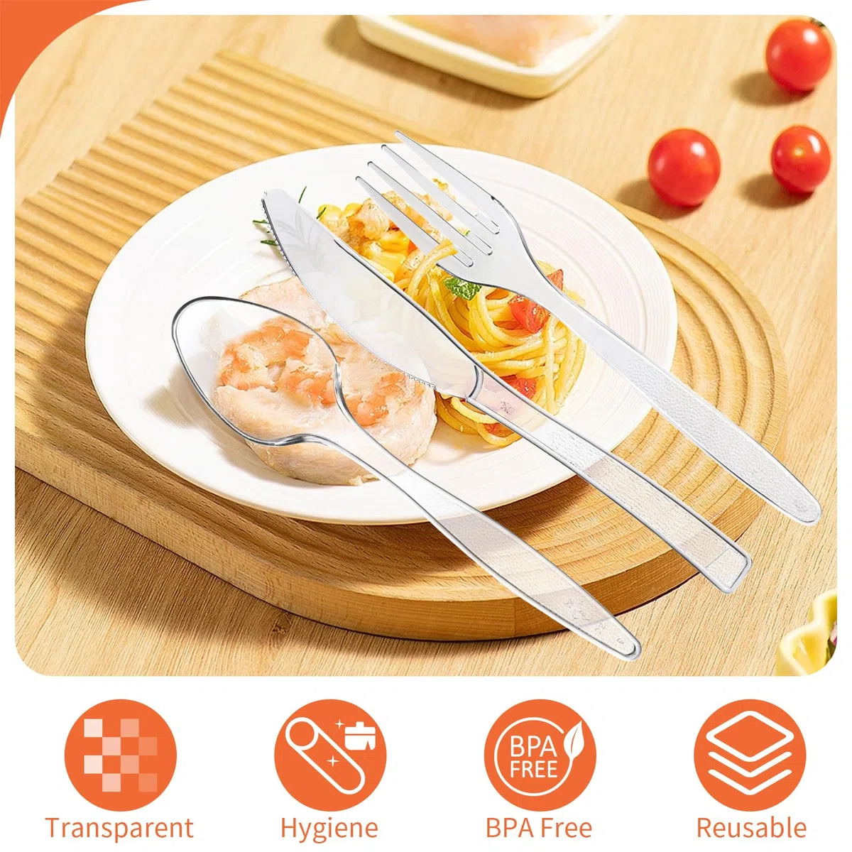 Juego de cubiertos reutilizables de 150 piezas - Cubiertos transparentes de alta calidad, cubiertos de fiesta reutilizables, prácticos juegos de cucharas para uso familiar, tenedores de postre
