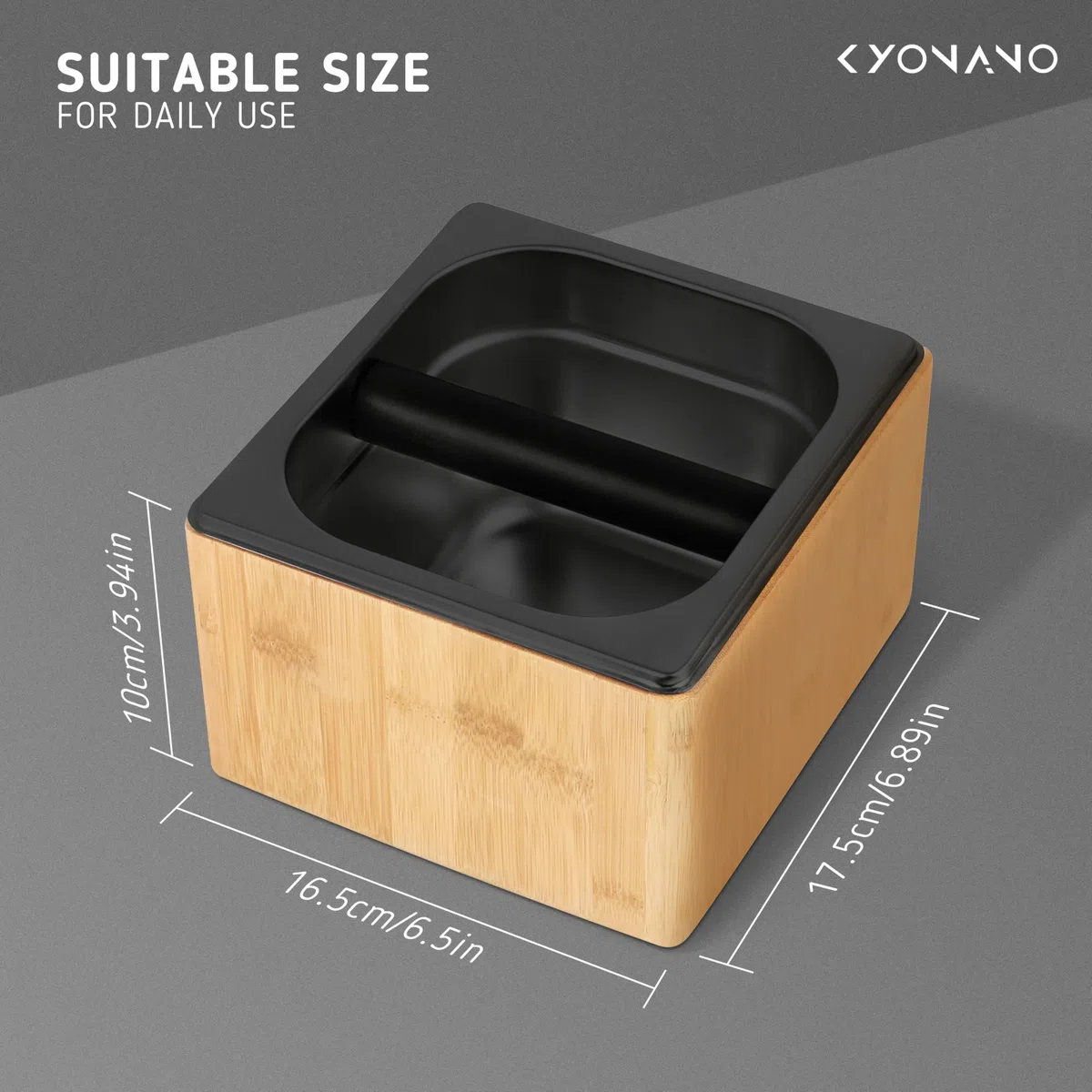 KYONANO Caja de café con barra de golpes y base antideslizante, hecha de bambú y acero inoxidable, caja de café molido