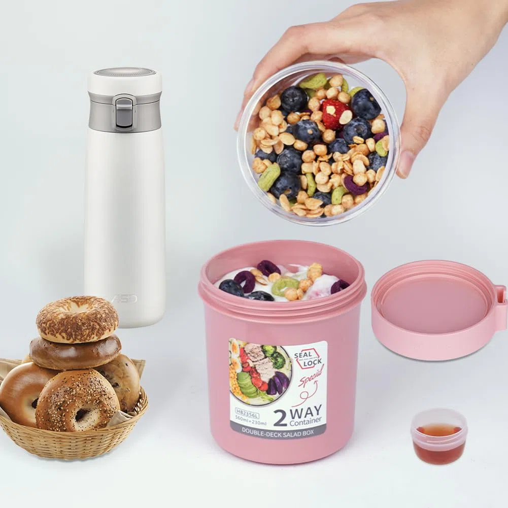 HOTUT Taza de Cereales para Llevar, 560 ml + 230 ml Contenedor De Avena Durante La Noche,Vaso Cereales Con Tapa Y Cuchara,Sin BPA,Compartimentos Separados,Vaso Desayuno To Go (Rose)