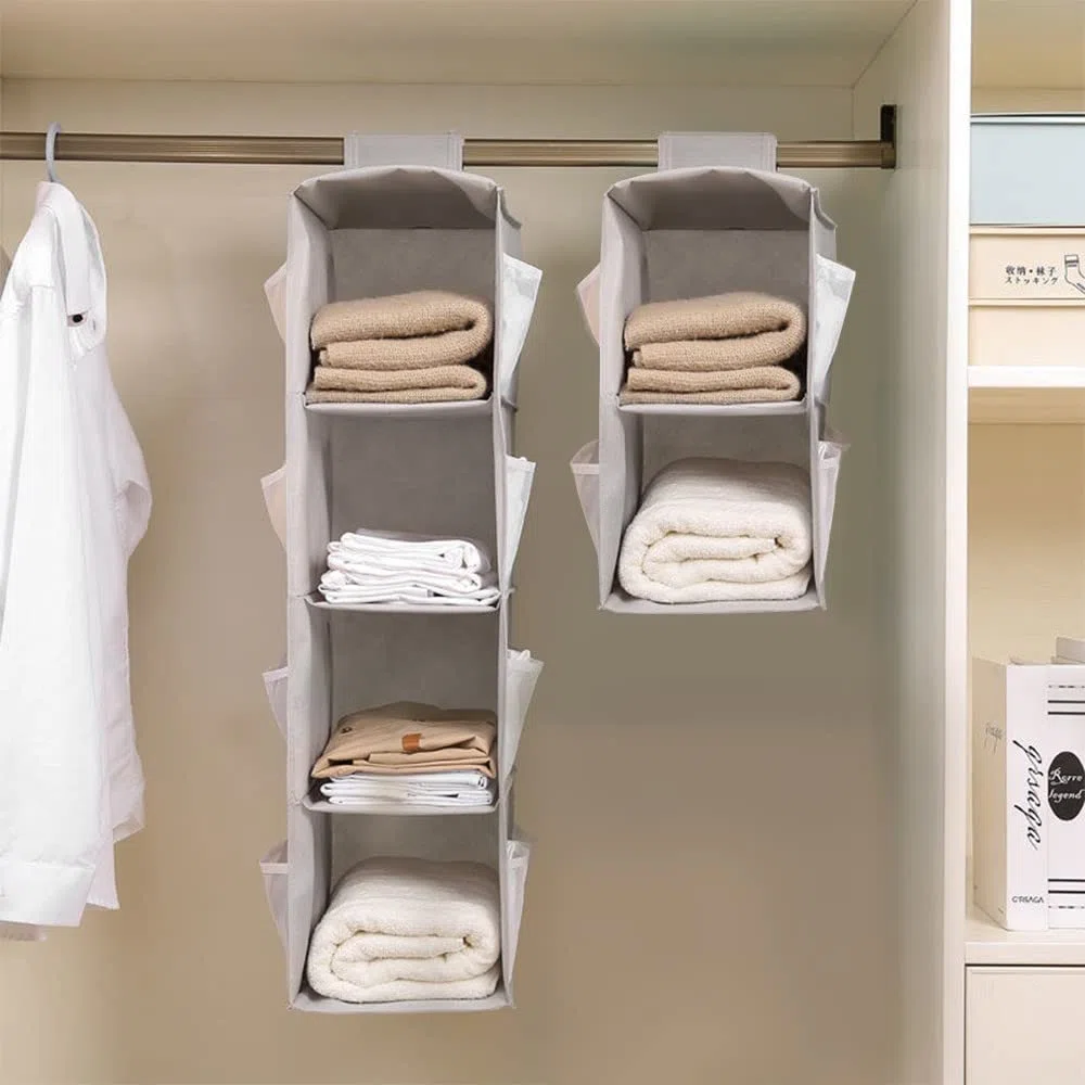 Organizador de Armario Colgante, Estantería Colgante de Tela, con 2 Niveles y 6 Bolsillos, Ahorro de Espacio y Plegable, Estante de Tela para Armario para Ropa, Toallas, Ropa(Gris Dos Capas)
