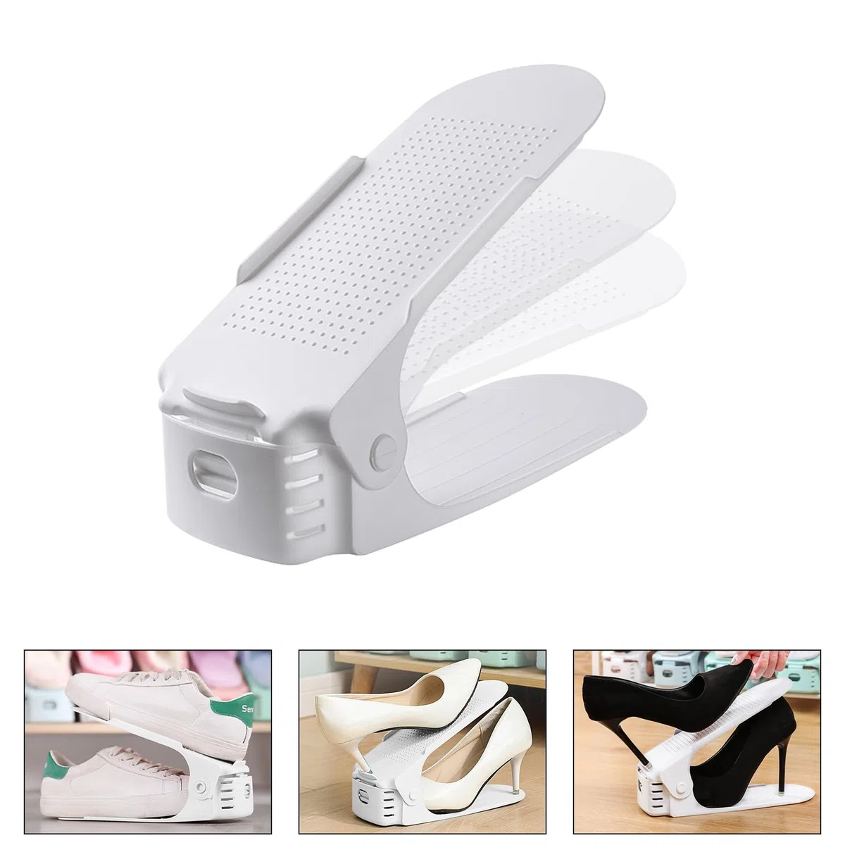 Juego de 10 zapateros ajustables, zapatero antideslizante, apilable para zapatos, 3 estantes ajustables en altura de doble nivel, organizador de zapatos que ahorra espacio (blanco-1)