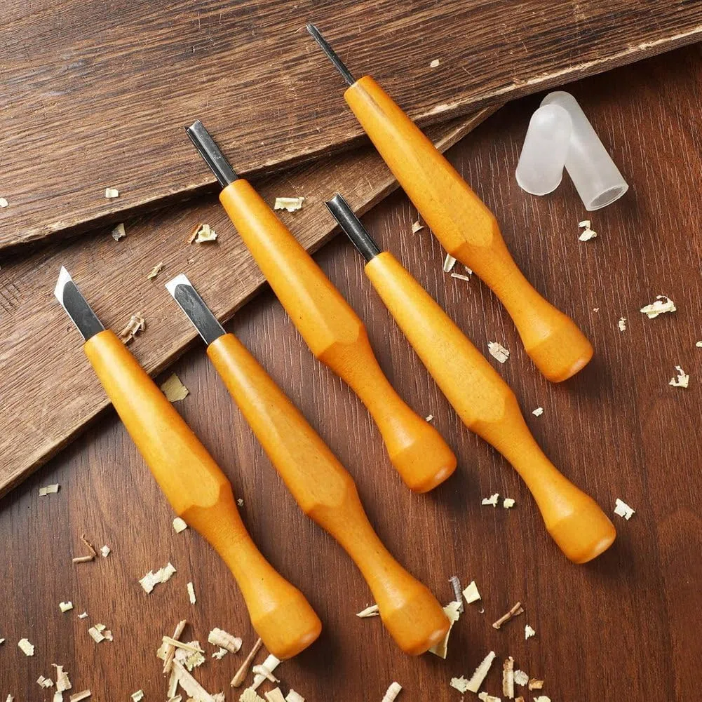 Juego de 5 Herramientas para Tallado en Linóleo, Cuchillos para Tallar Madera, Cincel, Gubia en Forma de V, Gubia Angular y Herramientas de Tallado Semicirculares.