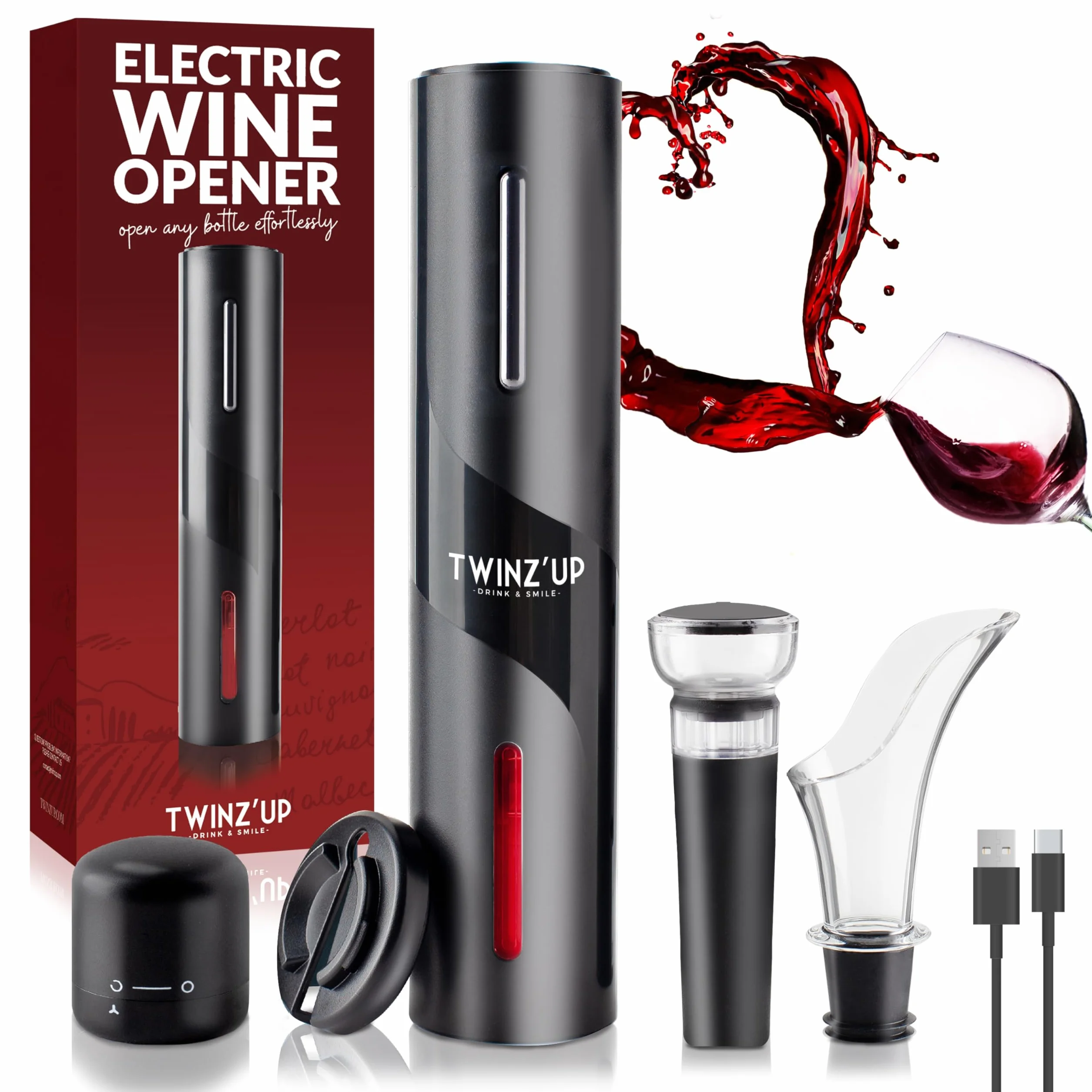 Sacacorchos Eléctrico Recargable 6 en 1 con corta cápsula, Boquilla Aireador, Bomba de Vacío, Tapón y Cable USB del Abridor de Vino Electrico - Regalo hombre para amantes del vino