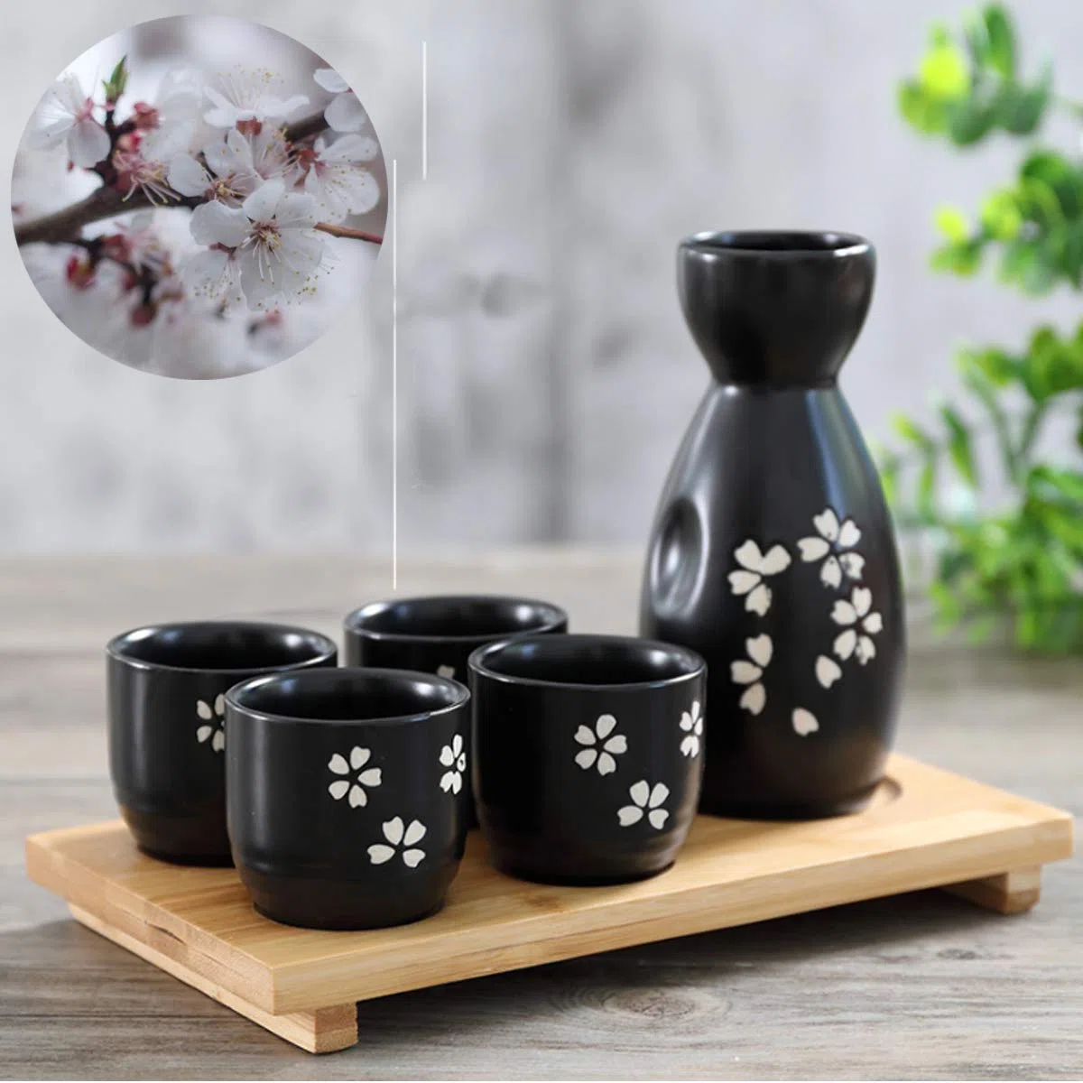 Sake Set,5 Piezas Sake De CerÁMica Japonesa Tradicionales Botella De Sake Porcelana Cups Tazas De CerÁMica Manualidades Regalo(Negro)