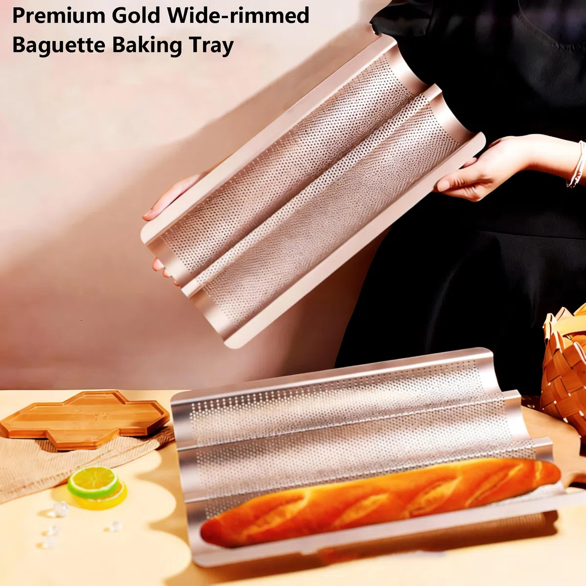 Bandeja antiadherente para baguette francesa, perforada, acero al carbono
