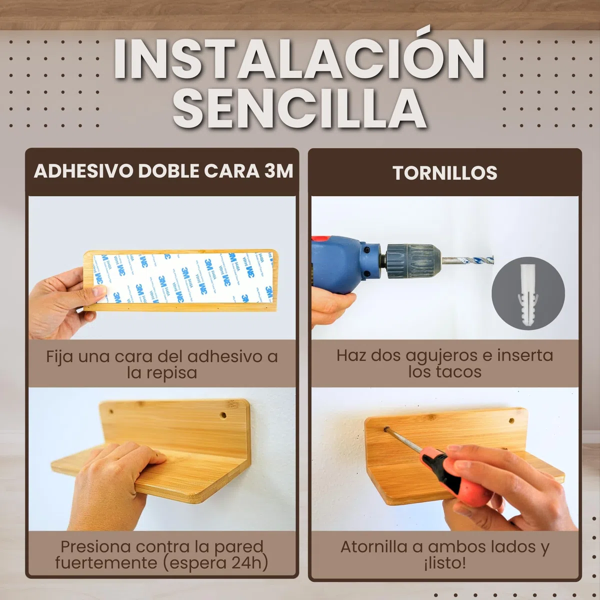 ️ 2 Baldas de Pared Sin Agujeros de Madera Bambu Pequeñas + 2 Adhesivos + 4 Tornillos con Tacos + 4 Clips Recoge Cables | Repisas de Pared sin Taladro | Estanteria Sin Agujeros (22 x 9,5 cm)