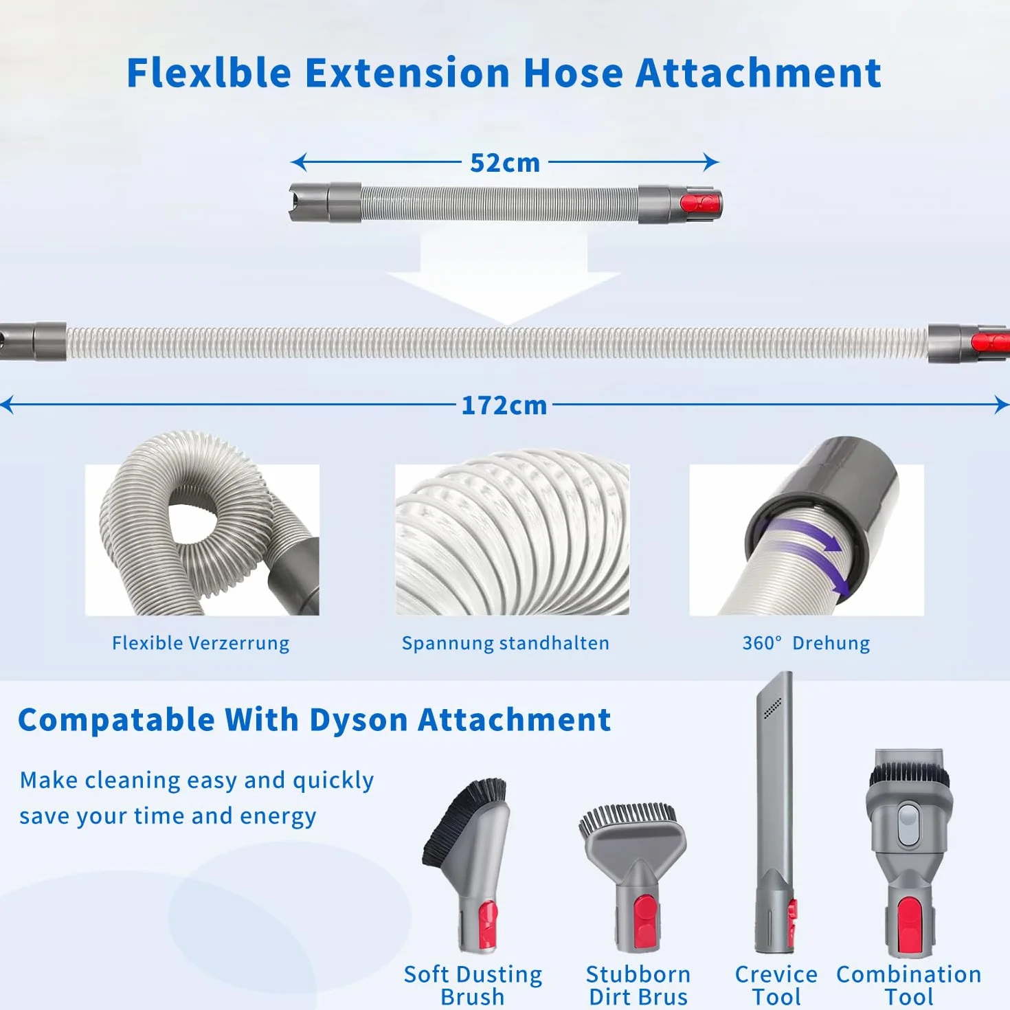 4 piezas Accesorios de aspiración para Dyson V7 V8 V10 V11 V15 - Boquilla para hendiduras + 2 adaptadores + alargador de manguera Adecuado para limpiar hendiduras y esquinas.