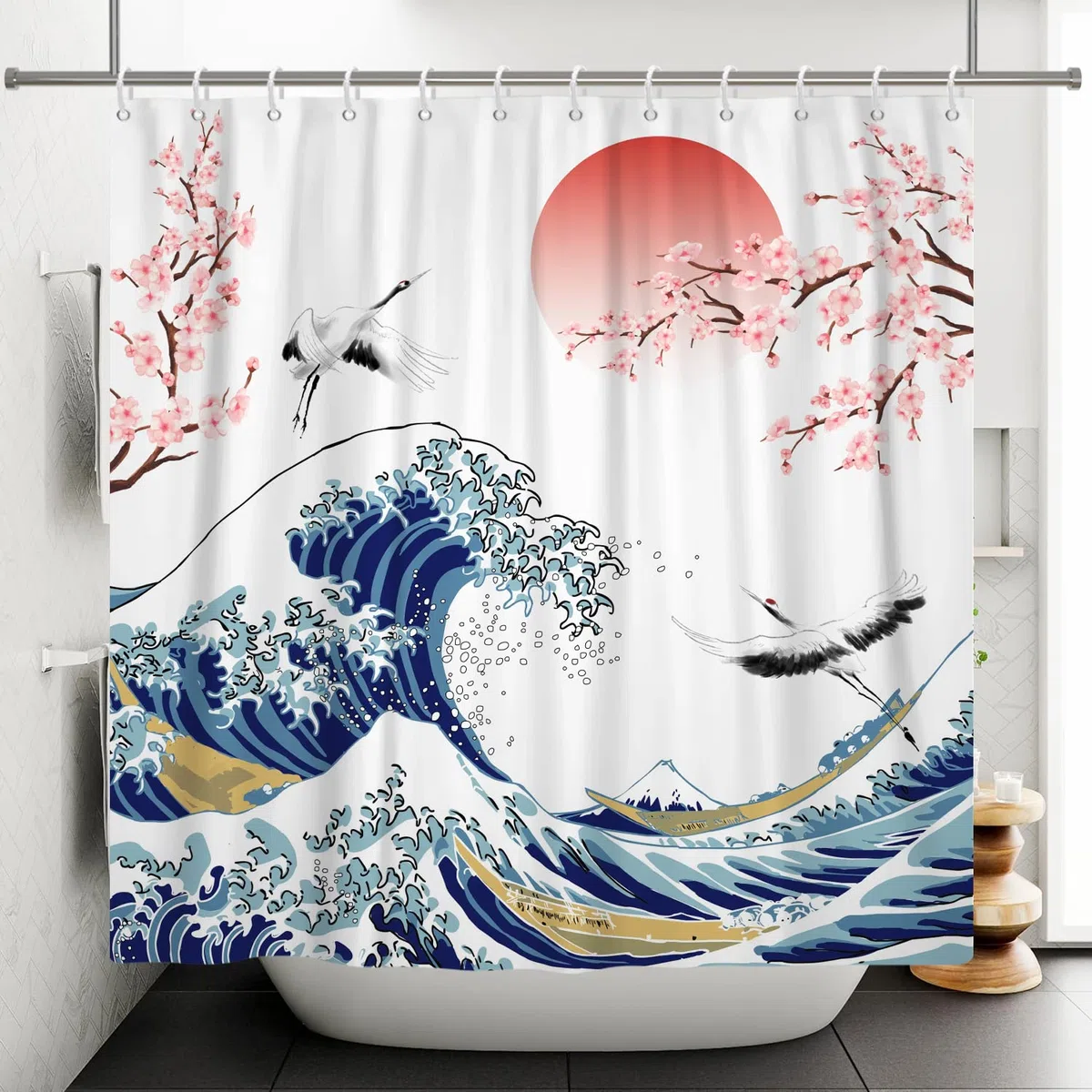 Cortina de Baño 180x180cm de Olas Gigantes y Tinta de Cerezo Asiático - Paisaje con Ganso Volador - Tela Decorativa Impermeable con Ganchos