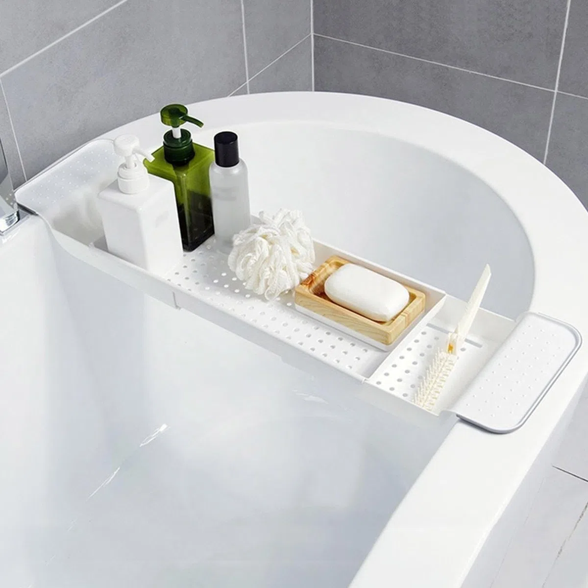 Bandeja de baño para bañera, estante extensible antideslizante, bandeja de mesa de baño, para baño, spa, ducha, remojo, vino, libro, jabón, teléfono, entretenimiento