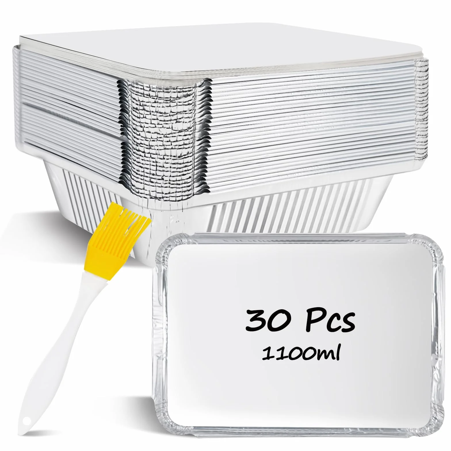 30 Piezas Bandejas de Papel Aluminio con Tapa, Bandejas de Aluminio Desechables con Cepillo de Silicona, Bandejas de Goteo Aluminio para Barbacoa, Hornear, Cocinar, Almacenar y Congelar