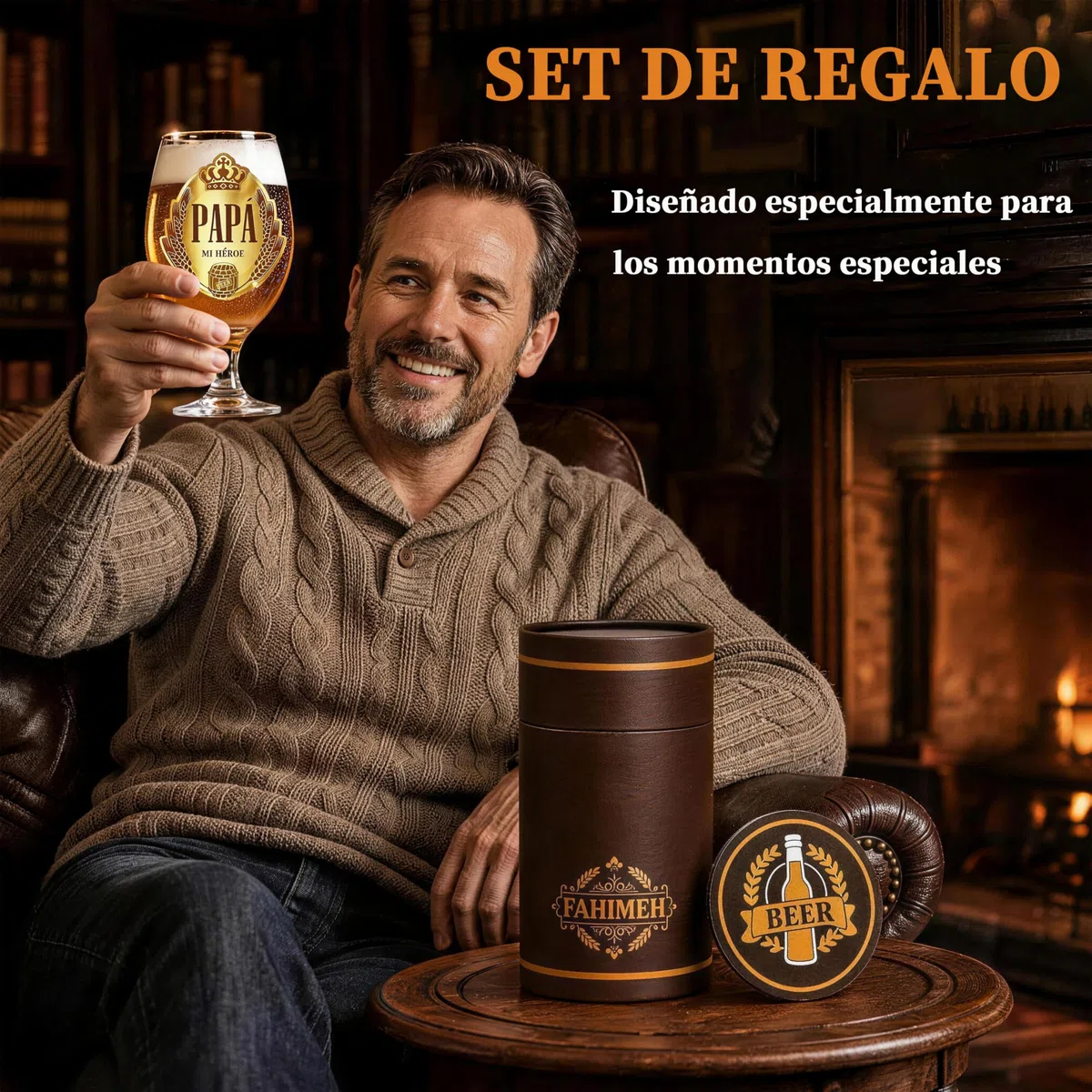 FAHIMEH Regalo Papá, Regalos Dia del Padre Cumpleaños Aniversario Navidad Jarra de Cerveza, de Hijos e Hijas Originales Ideas Hombres Presentes con Posavasos, 400ml