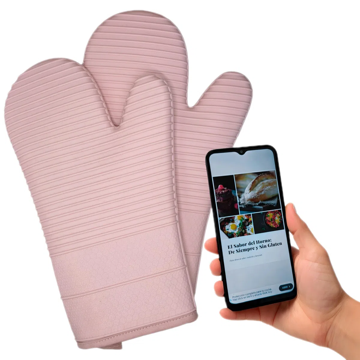 Set 2 Guantes de Horno Silicona SAXVI Home (Light Pink - Eco Edition) | Manoplas cocina, Sin caja exterior, antideslizantes, repostería, extralargos 31 cm, forro acolchado, QR con más de 40 recetas