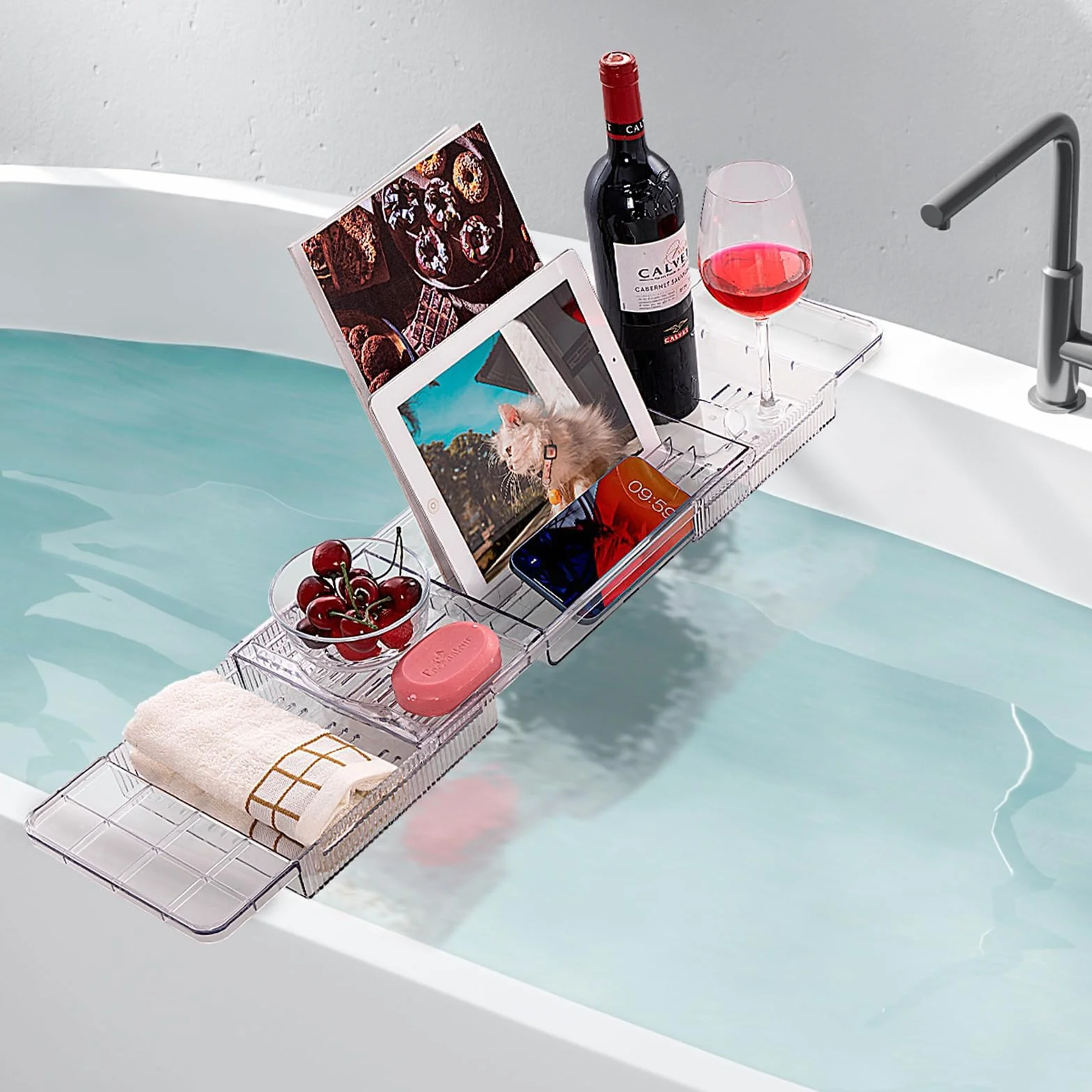 Bandeja para Bañera de Acrílico, Bandejas Bañera Jacuzzi para Bañera para Una Bandeja de Baño Retráctil para Bañera, Accesorio de Baño para Copas de Vino, Libros, Tabletas, iPad y Teléfono