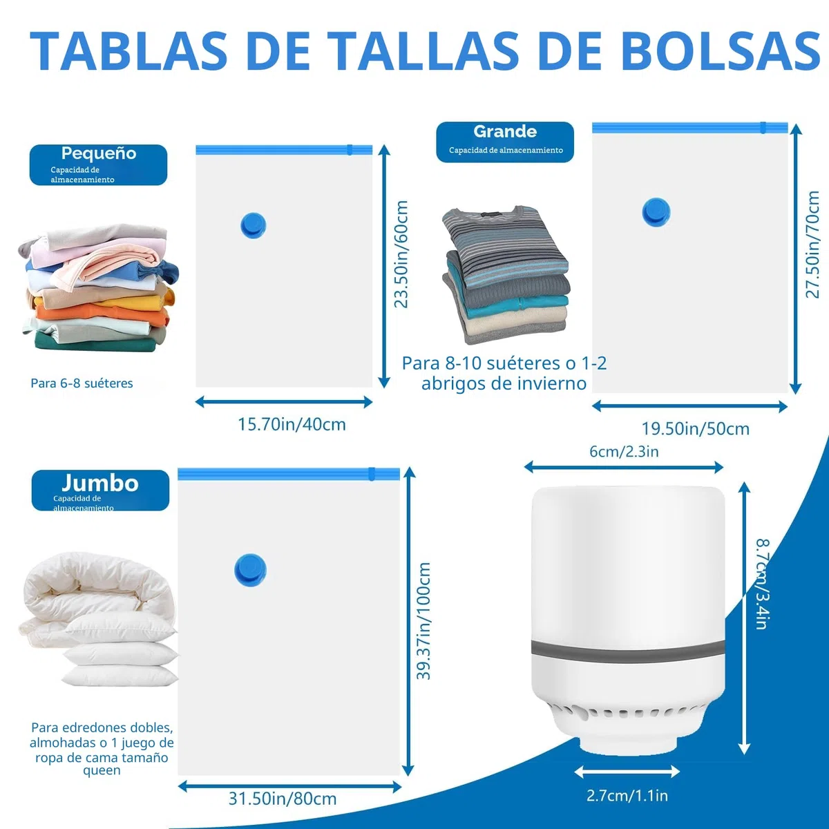 Bolsa Vacio Ropa Con Bomba Eléctrica, 9 Bolsas Para Guardar Ropa (3 Extragrandes, 3 Medianas, 3 PequeñAs), Reutilizables Bolsas al Vacío Para Guardar Ropa, Ropa de Cama, Edredones
