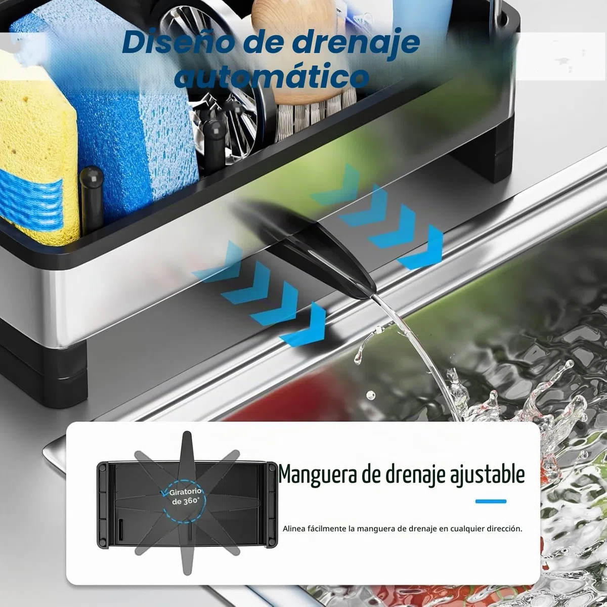Organizador Cocina, Organizador Fregadero con Bandeja de Drenaje Autodrenante para Soporte de Esponja, Toallero, Soporte para Paños Cocina Accesorios para lavabo del Baño (Negro)