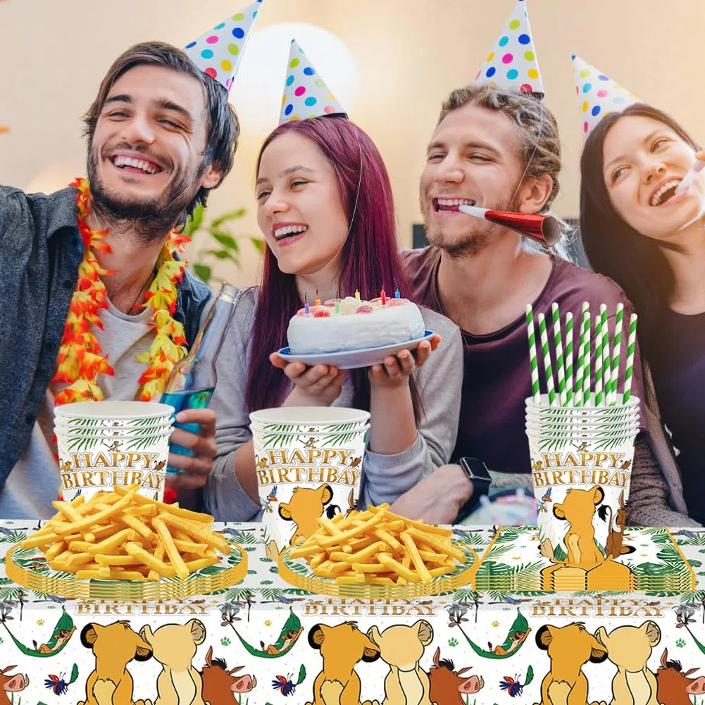 60pcs El Rey León Vajilla para Fiestas,Juego de Vajilla de Fiesta León, Bandeja de Papel, Servilleta, Taza, Pajitas, Cubiertos Fiesta El Rey León-10 Posición