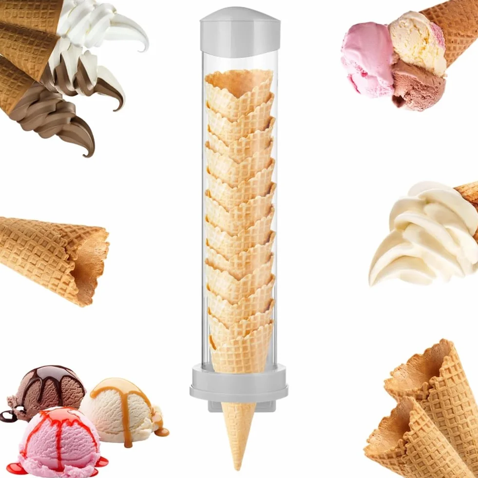 Dispensador de Conos de Helado, Soporte para Conos de Waffle, Tubo de Plástico para Almacenar Conos de Waffle con Placa Magnética y Placa Adhesiva.