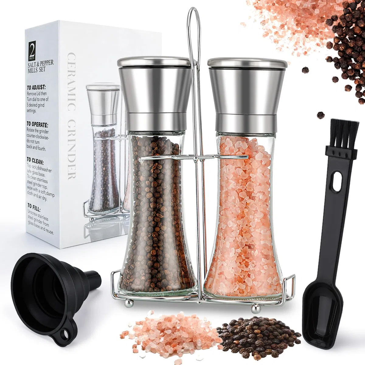 2 Piezas Molinillo Pimienta,Molinillo de Pimienta Manual,Molinillo Especias de Acero Inoxidable y Vidrio con Molino de Cerámica con Grosor Ajustable Pimentero o Especiero para Chiles, Cocina Duradera