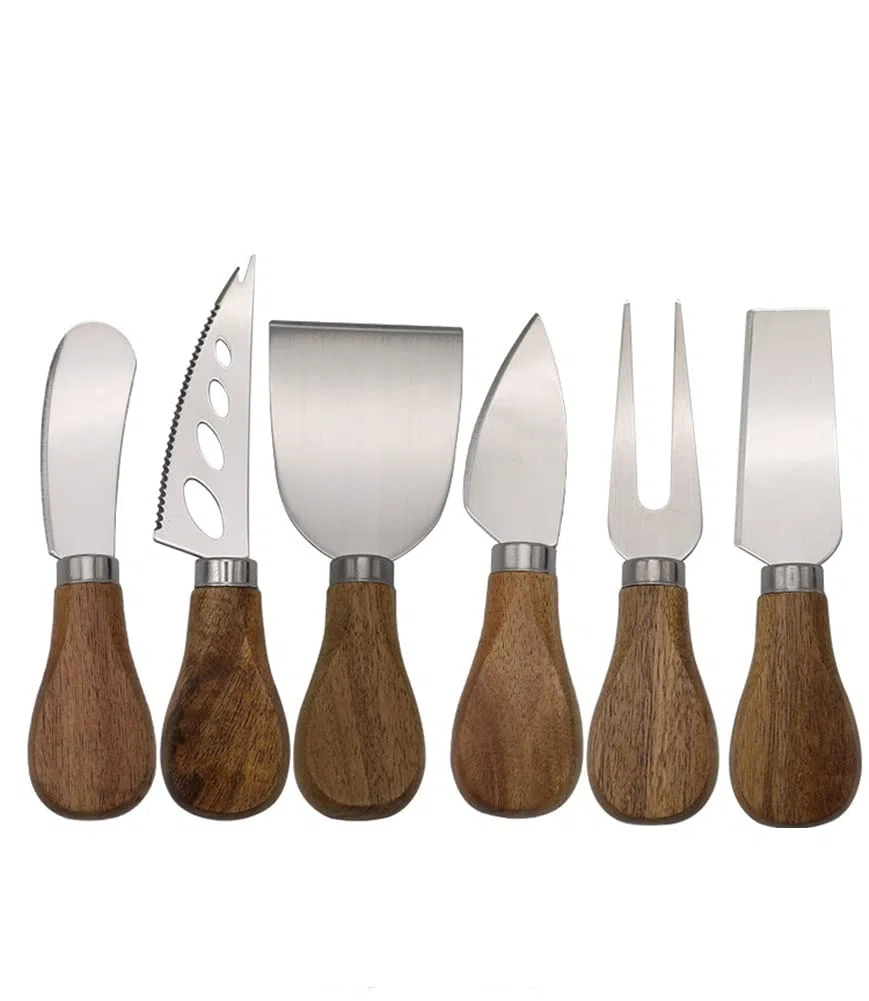 Lin's Wood Juego de 6 cuchillos de queso de acero inoxidable con caja de regalo.(mango de madera de acacia)