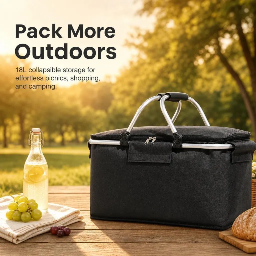 Cesta de la compra plegable con función de refrigeración, cesta de picnic térmica, cesta de transporte, nevera portátil con asas acolchadas, para ir de compras, viajar y hacer picnics. 18 L (Negro).
