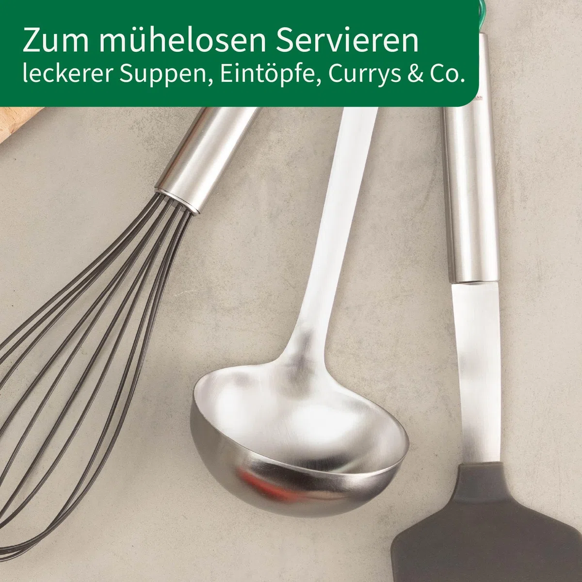 Chefkoch trifft Fackelmann – Cucharón prémium de acero inoxidable, 31 cm, apto para lavavajillas, mango ergonómico, ideal para sopas y guisos